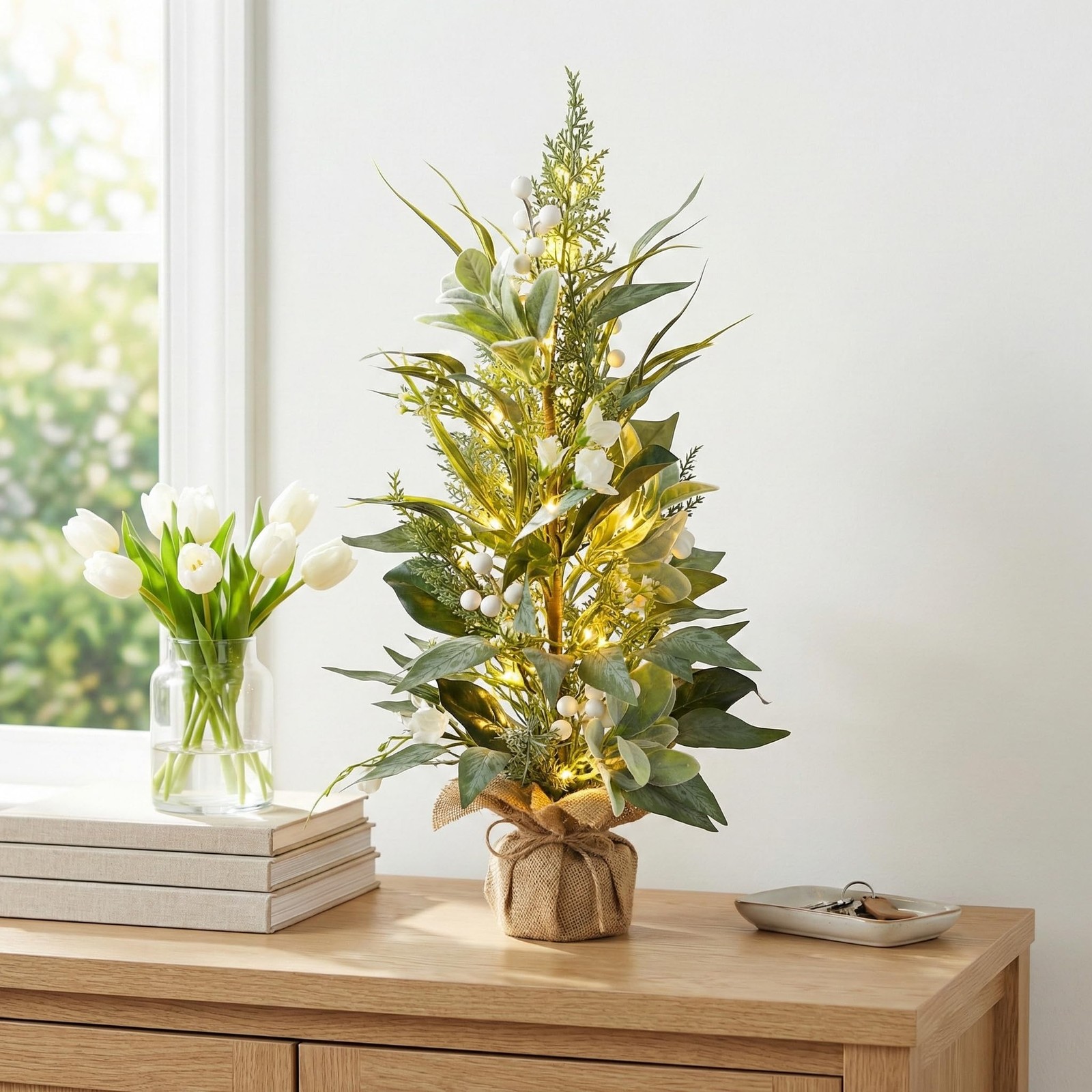 Svndlyn Lighted Spring Summer Artificial Eucalyptus Tabletop Tree with 20 LEDs