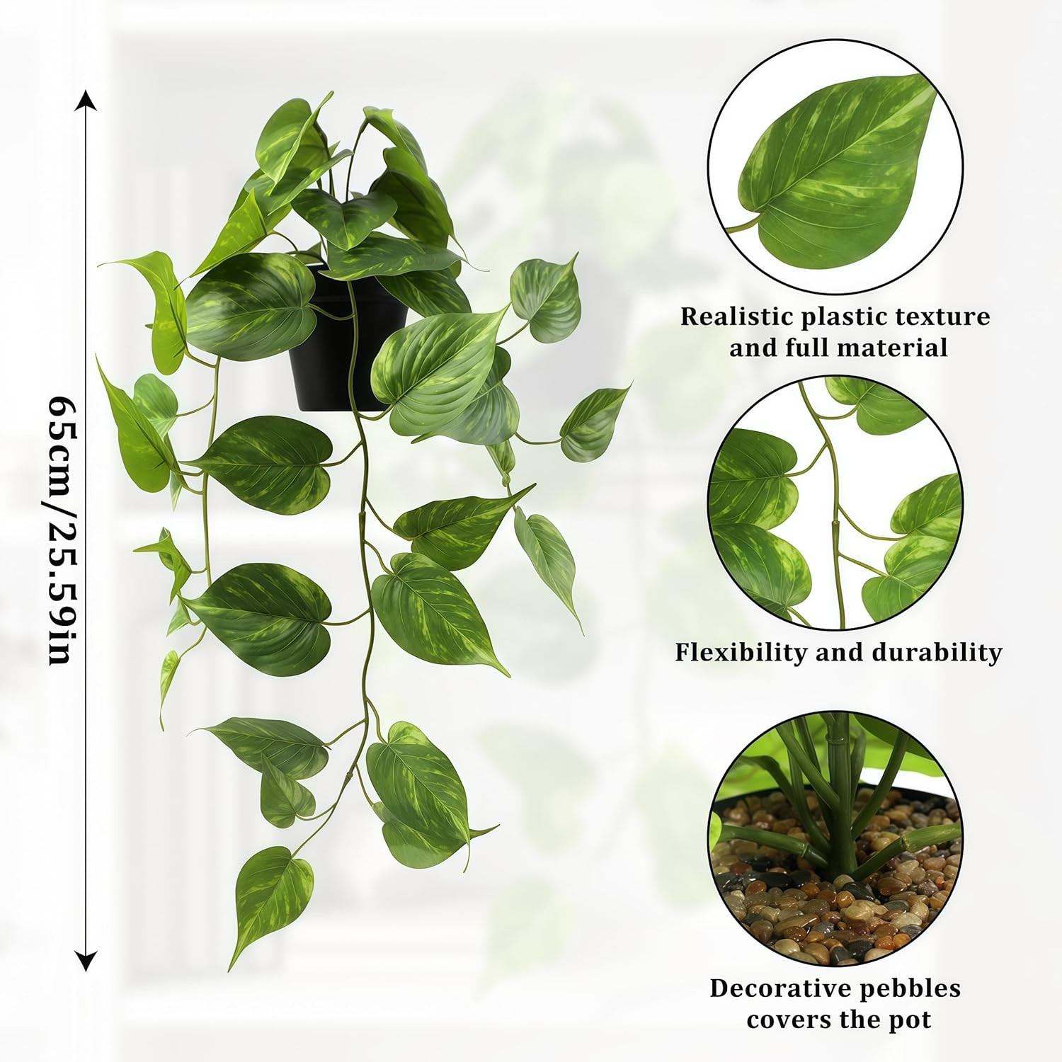 Fake Pothos Hanging Plants – Artificial Plastic Ivy Vines with Pots, Realistic F