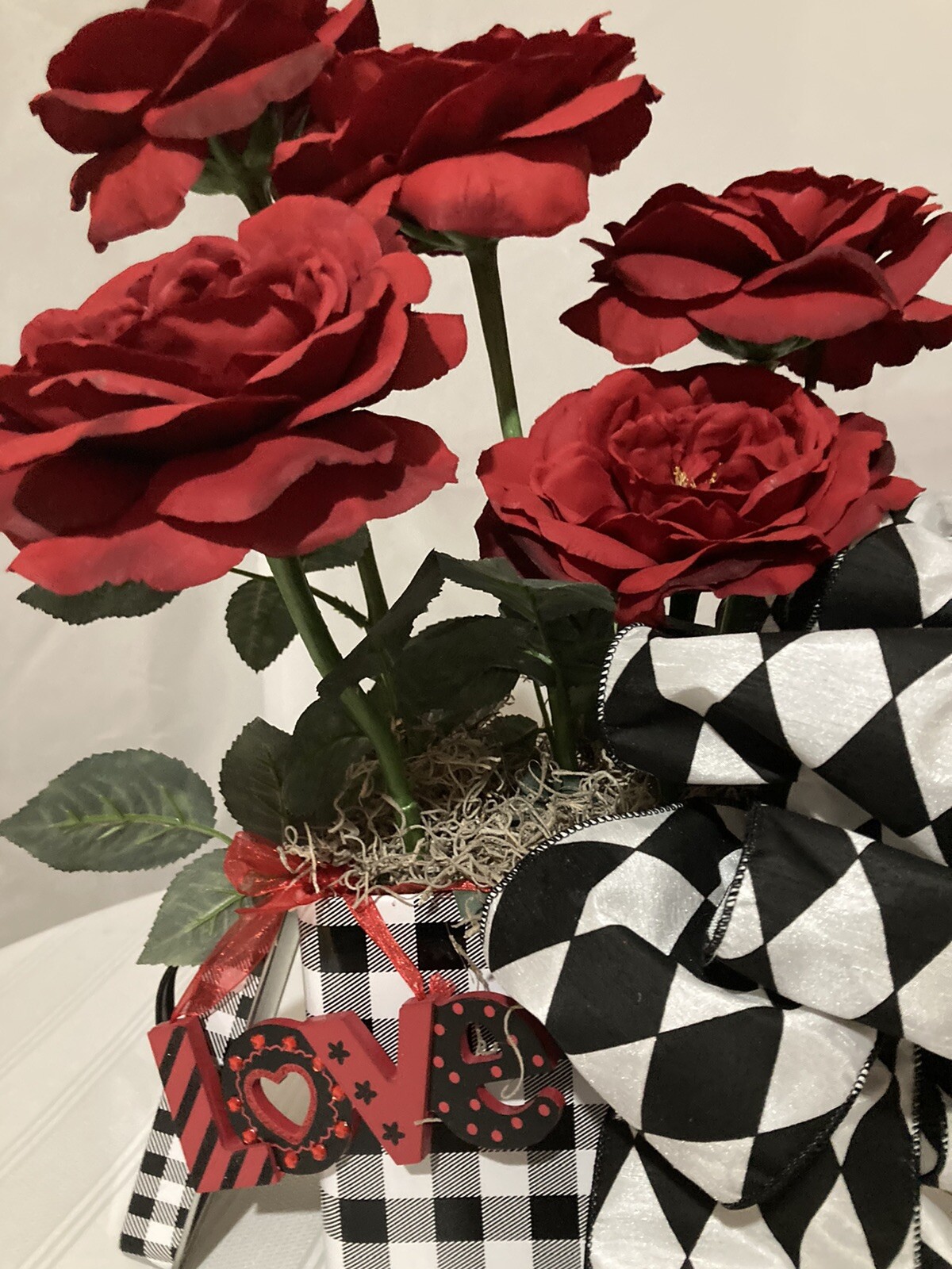 Valentine Red Roses With Black & White Checked Container