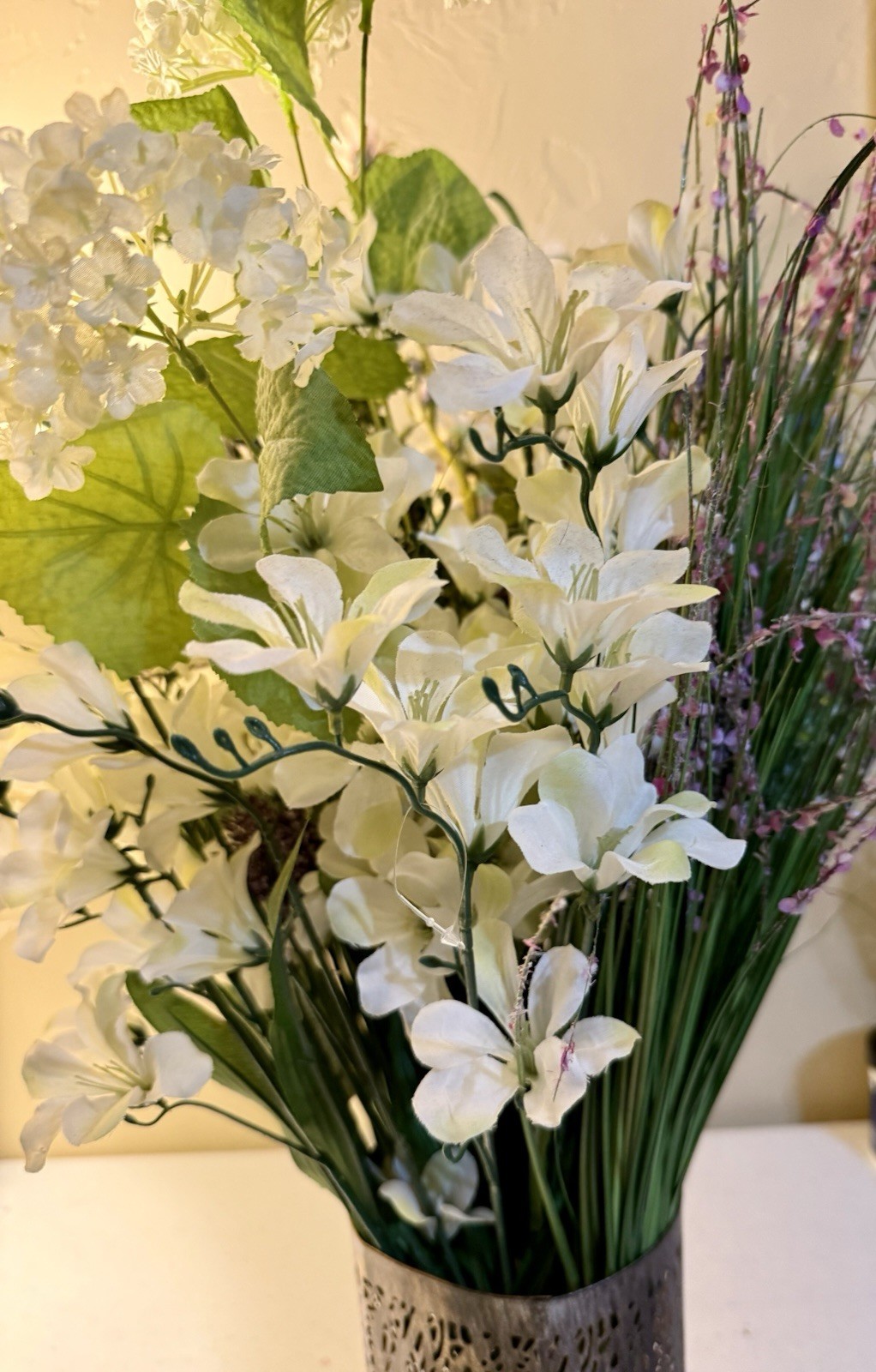 Faux Floral Arrangement White Hydrangea Lavender Metal Cylinder Vase Decor