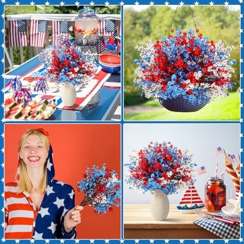 Lyrow 24 Pcs Red Blue White Patriotic Artificial Flowers 4th of July Table Ce…