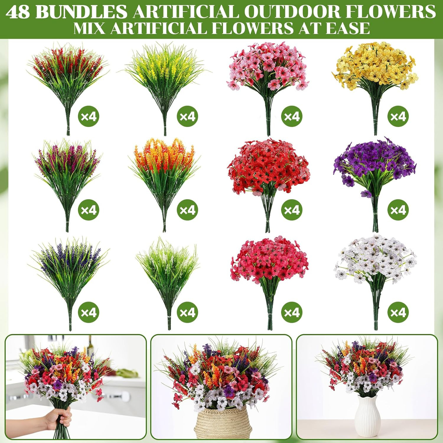 UV Resistant 48 Bundles Artificial Flowers for Indoor & Outdoor Decor