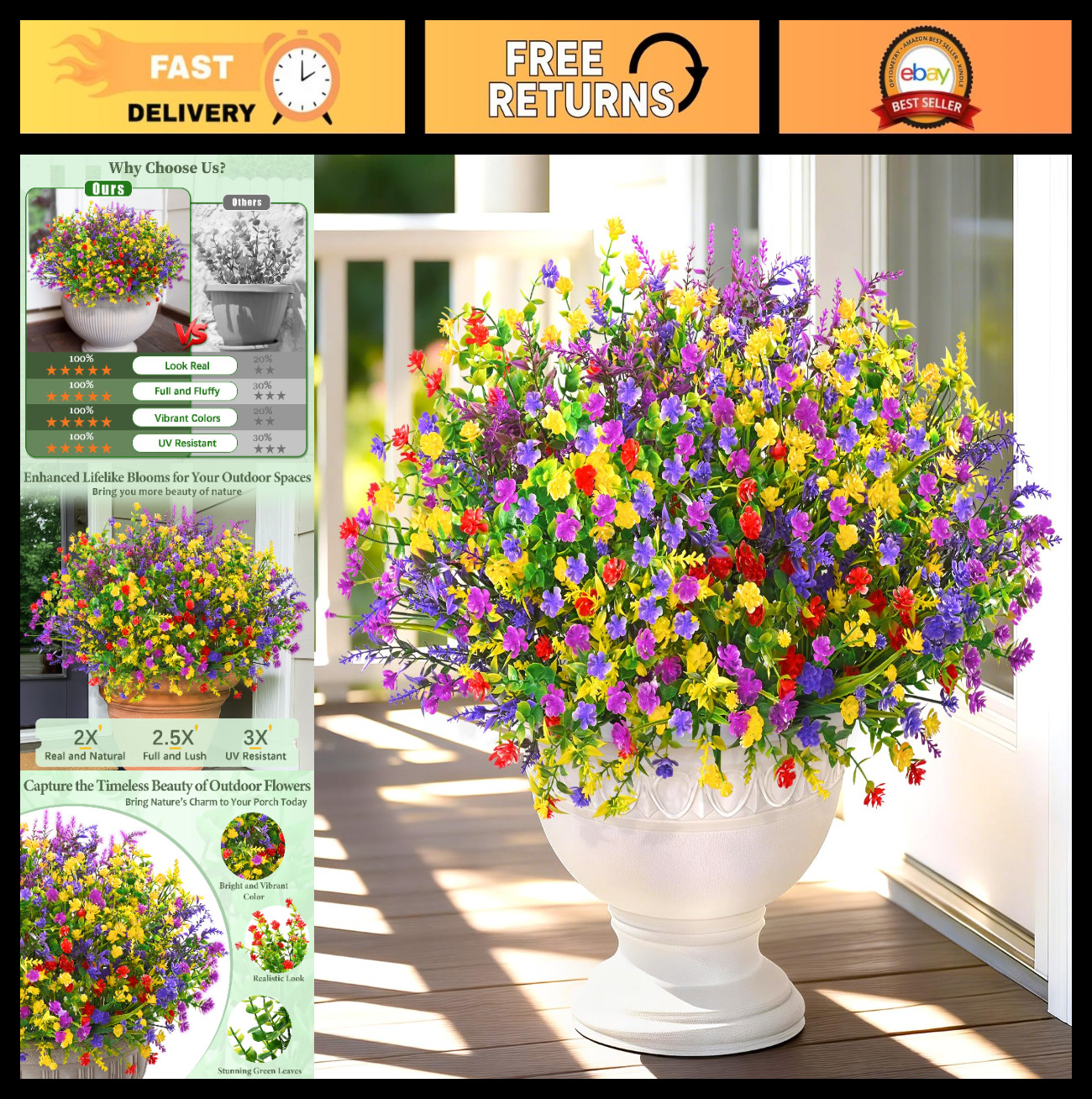 UV Resistant Artificial Flowers – 9 Bundles Realistic Outdoor Plants for Garden