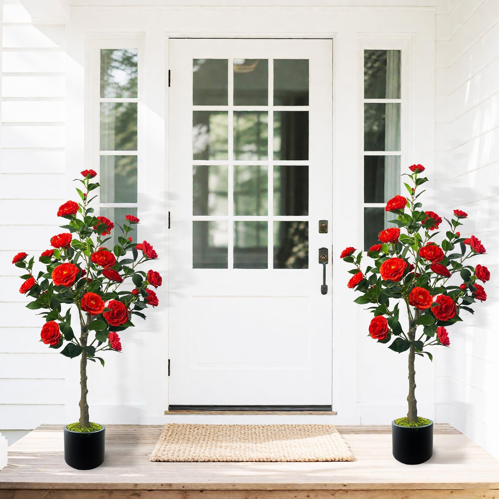 48” Artificial Camellia Tree with Red Flower in Pots -2 Pack 4FT Faux Camell…