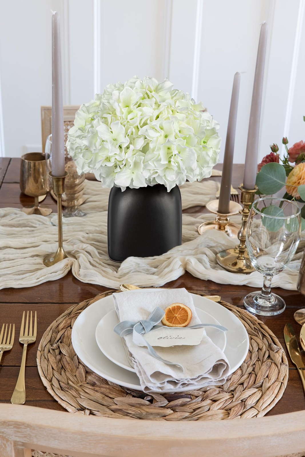 White Hydrangea Artificial Flowers in Ceramic Vase, Black Vase Farmhouse Cent…
