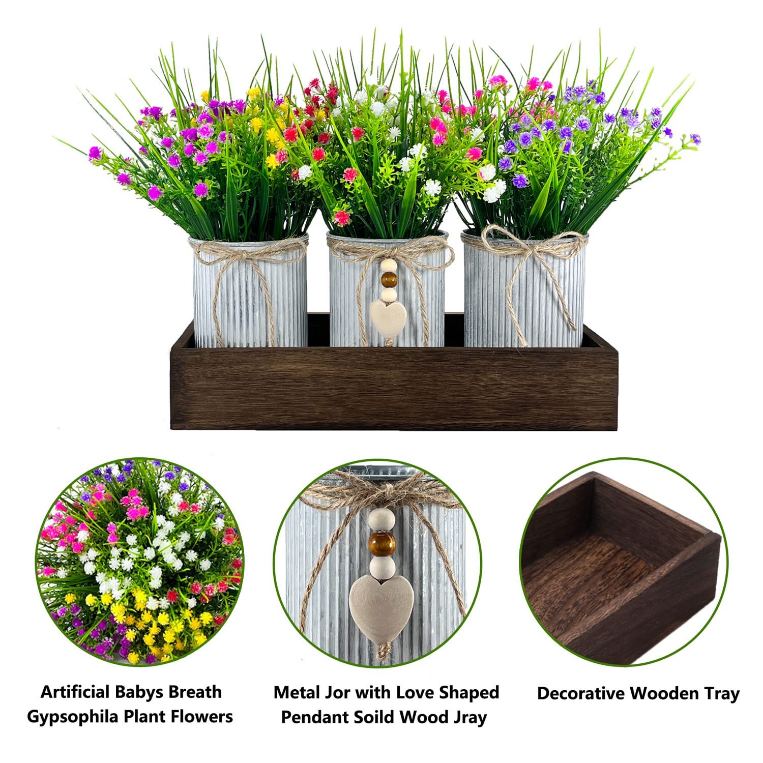 Gypsophila Baby’s Breath Artificial Flowers in Rustic Metal Pots and Wood Tra…
