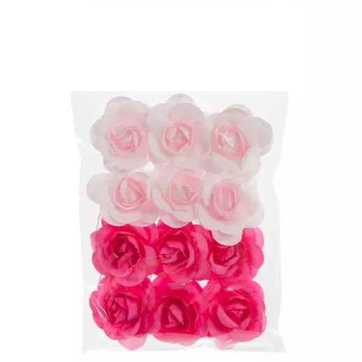 New 12 PCS Mini Dark & Light Pink Paper Roses with Thin White Stem Crafting