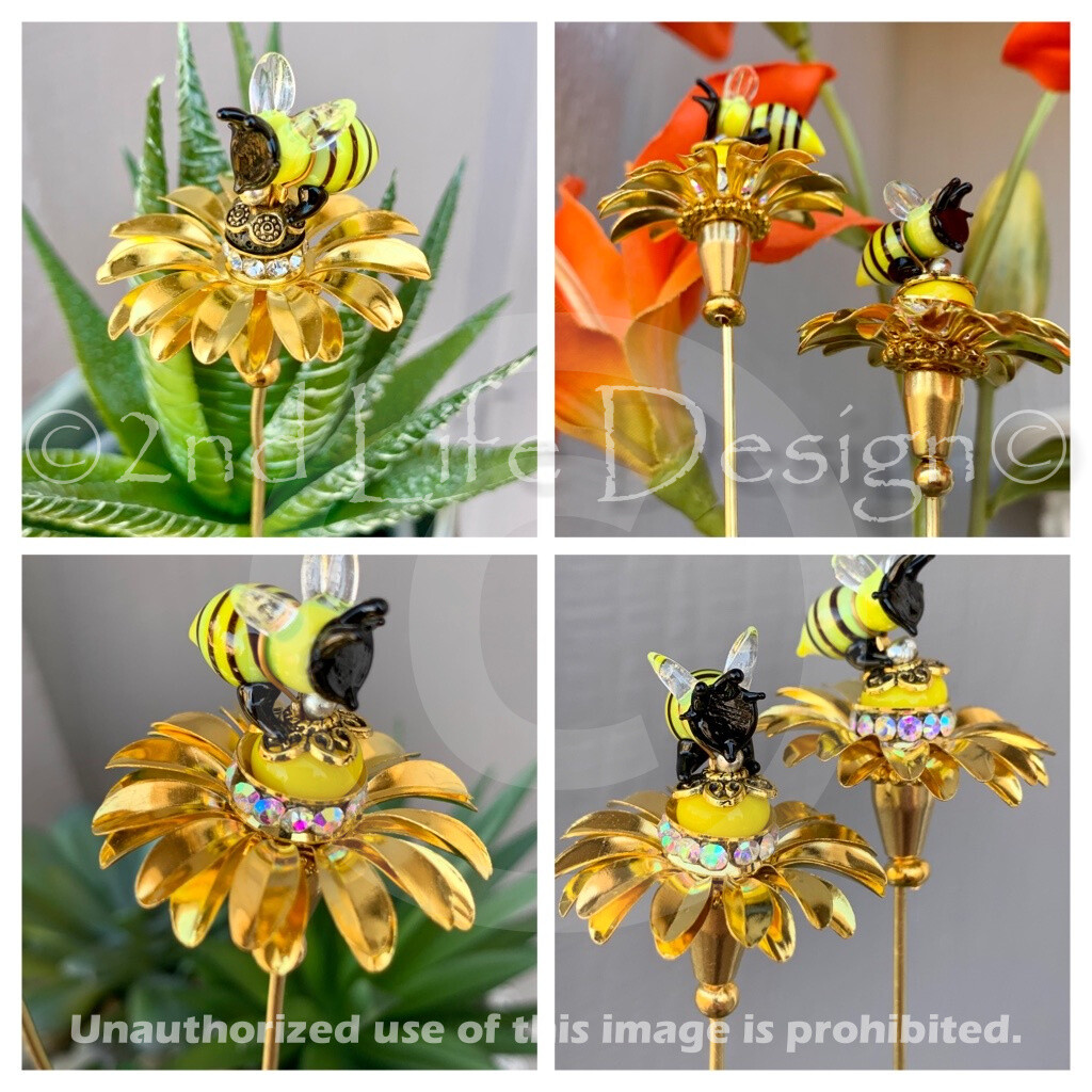 Glass Honey/Bumble Bee Gold Flower Decor Plant Stake/Spike Exquisite US HANDMADE