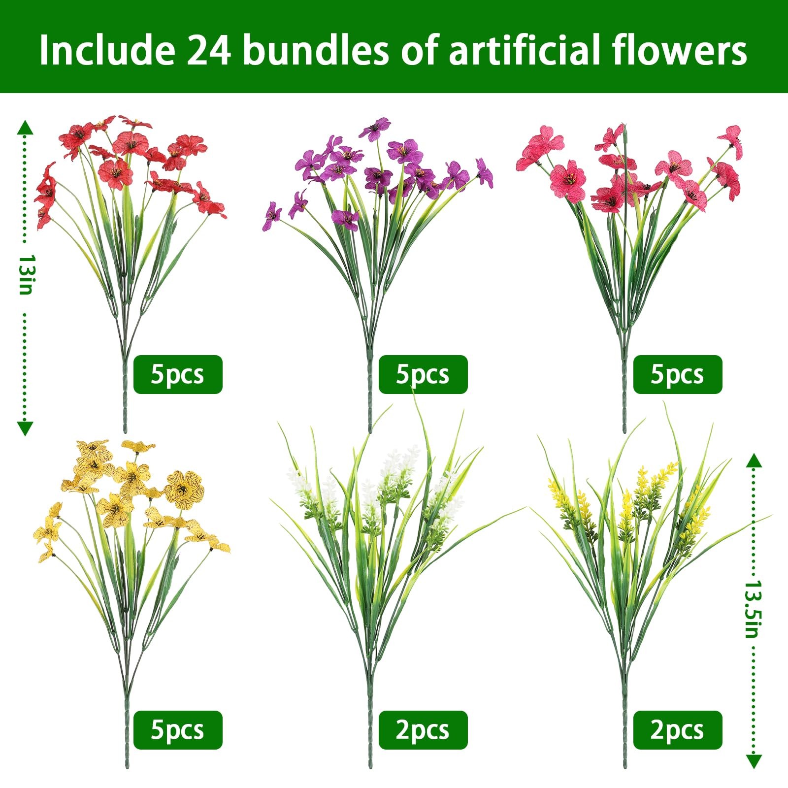 24 Bundles Realistic Fake Flowers for Outdoors, No Fade Faux Silk Flowers & A…