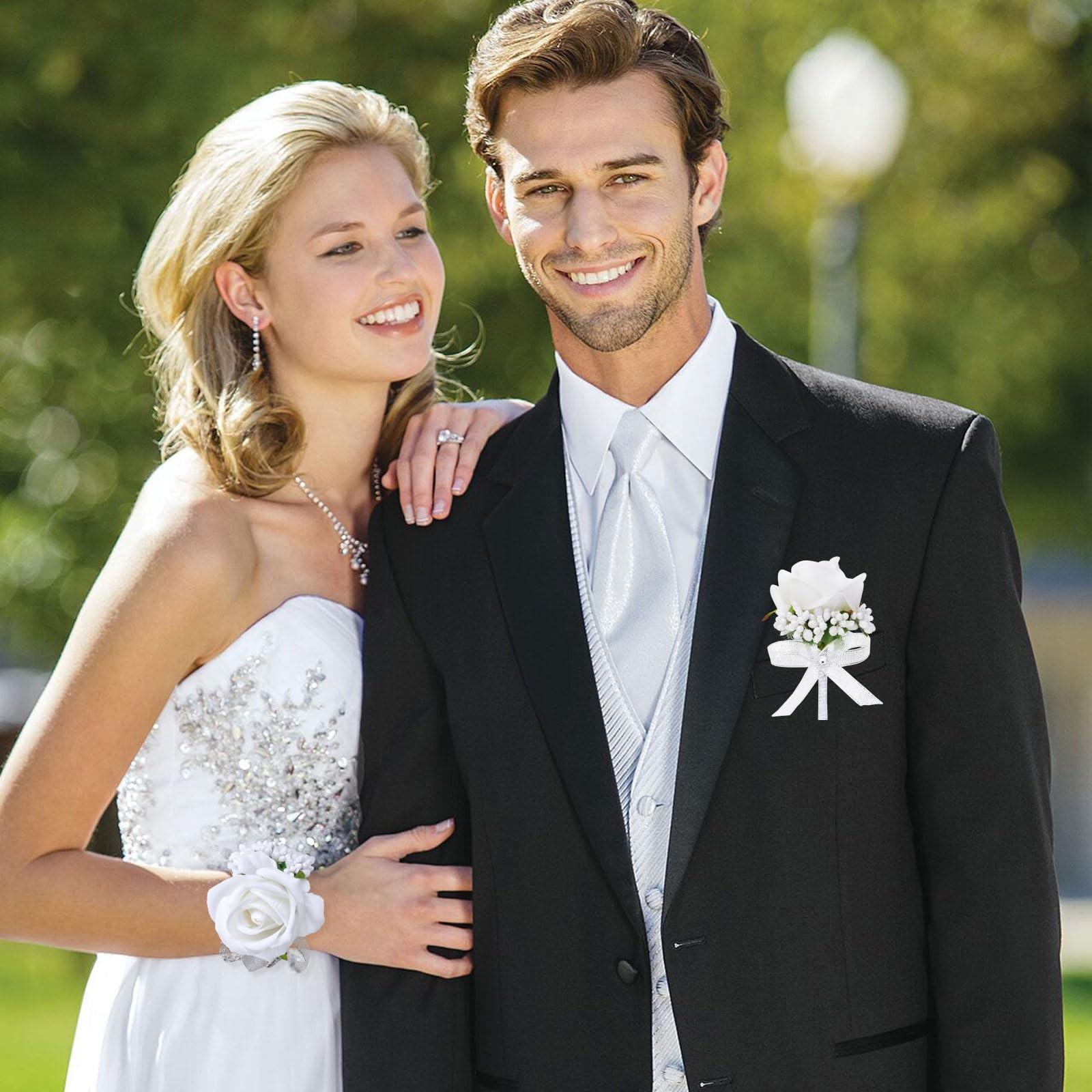 White Rose Wrist Corsage And Boutonniere Set Wedding Prom Flower 2 PCS