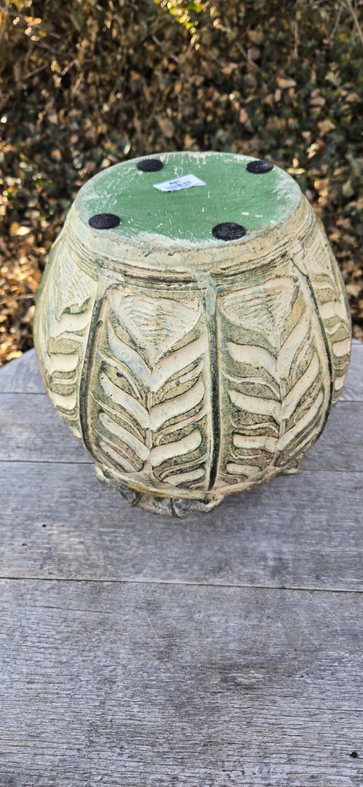 Rustic Urn Vase Earthenware Pottery Botanical Leaf Handles 12″T Brownish Green