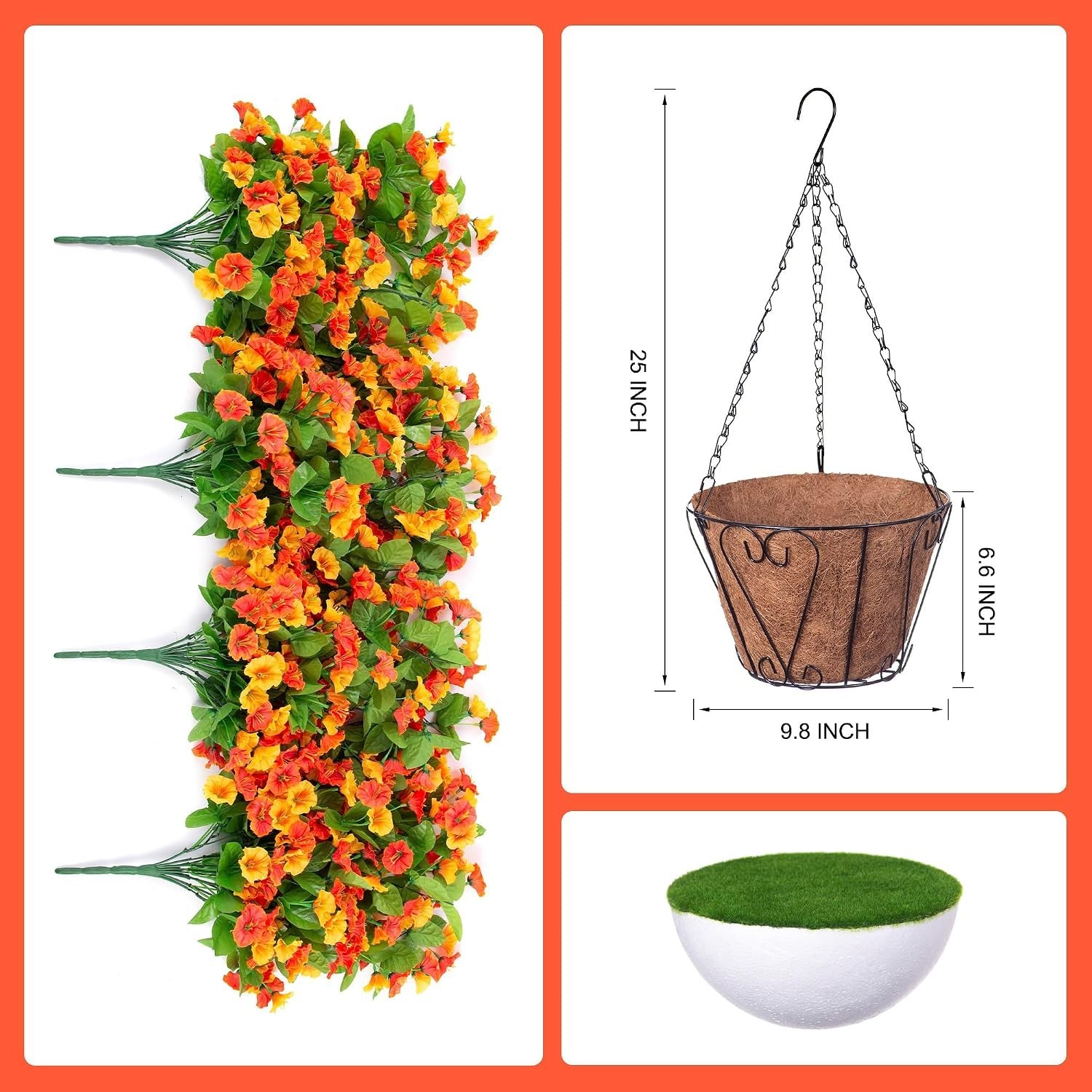 Artificial Flowers with Hanging Basket, Outdoor Faux Plants Silk Morning Glor…