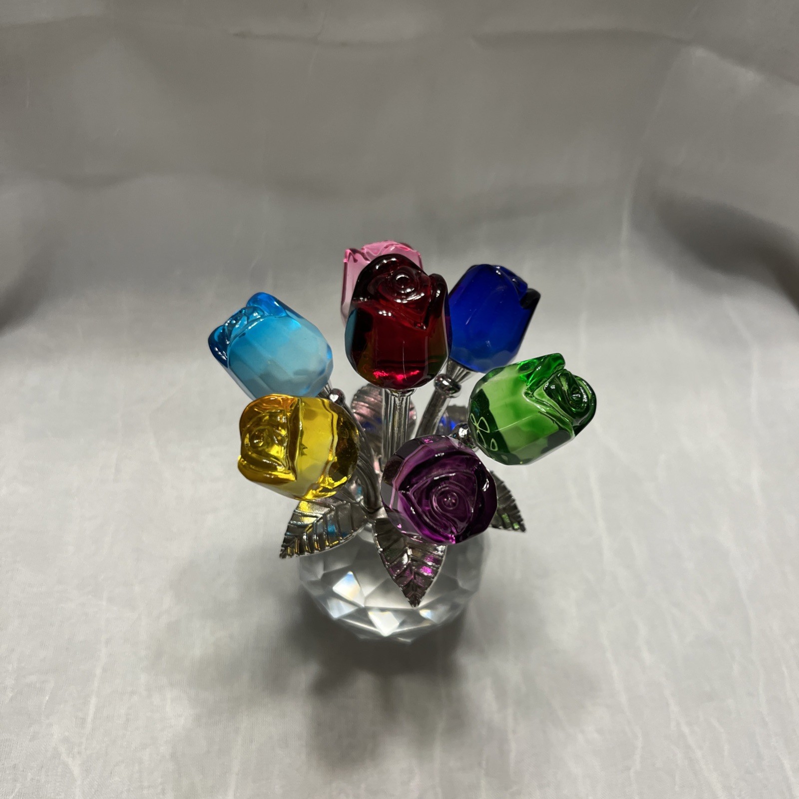 Colorful Rose Flower Crystal Figurines with Vase, Bouquet Flowers Ornament