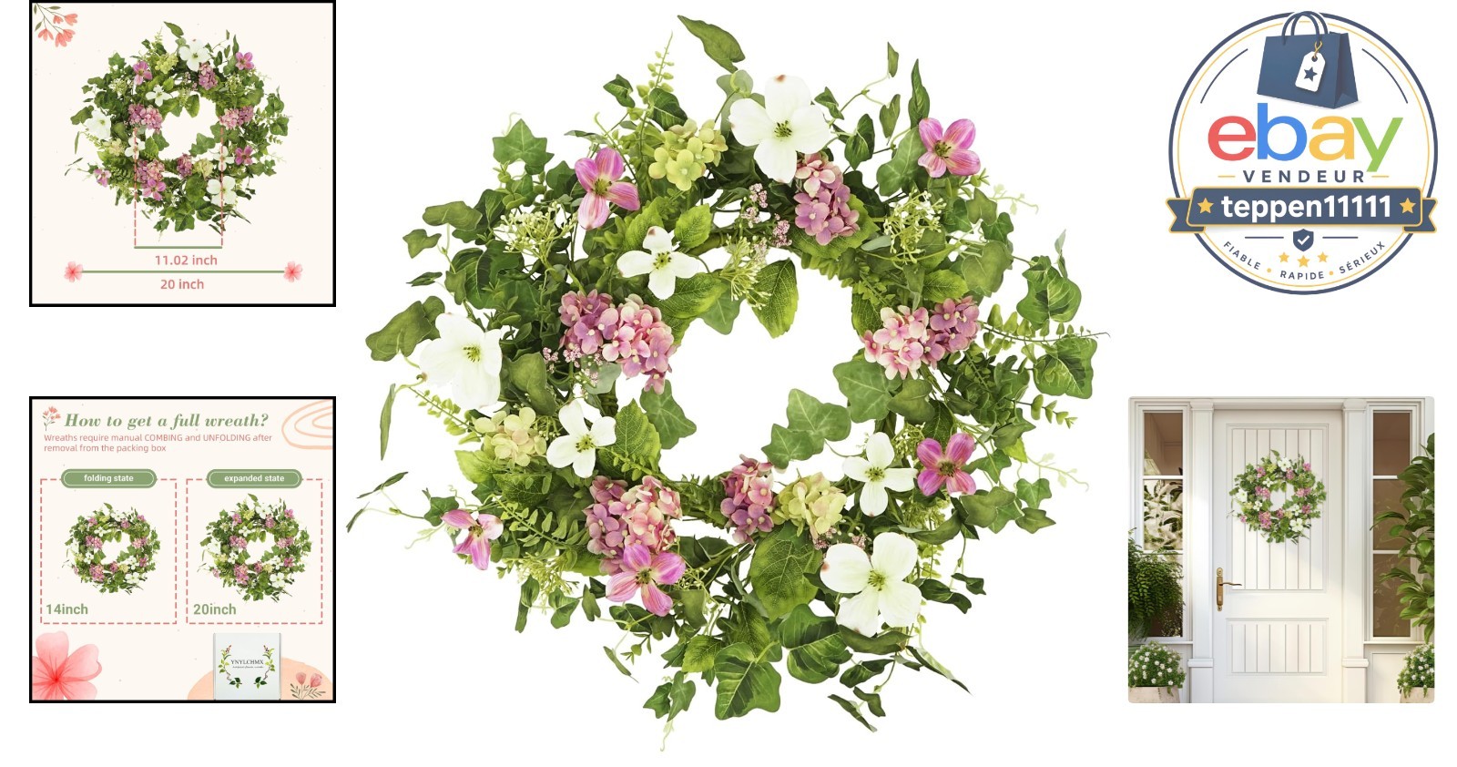 Spring Summer Wreath 20″ Pink Hydrangea Eucalyptus Leaves Home Decor