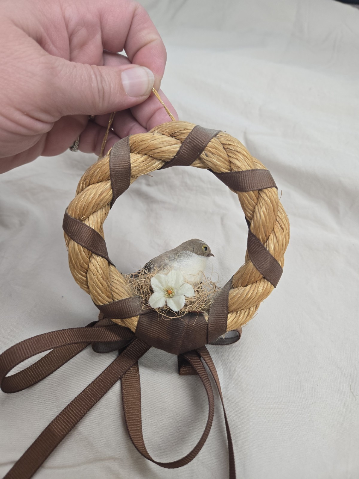Vintage 4″ Handmade Wreath Decor Ornament~Bird Made W/Real Feathers~Cottagecore
