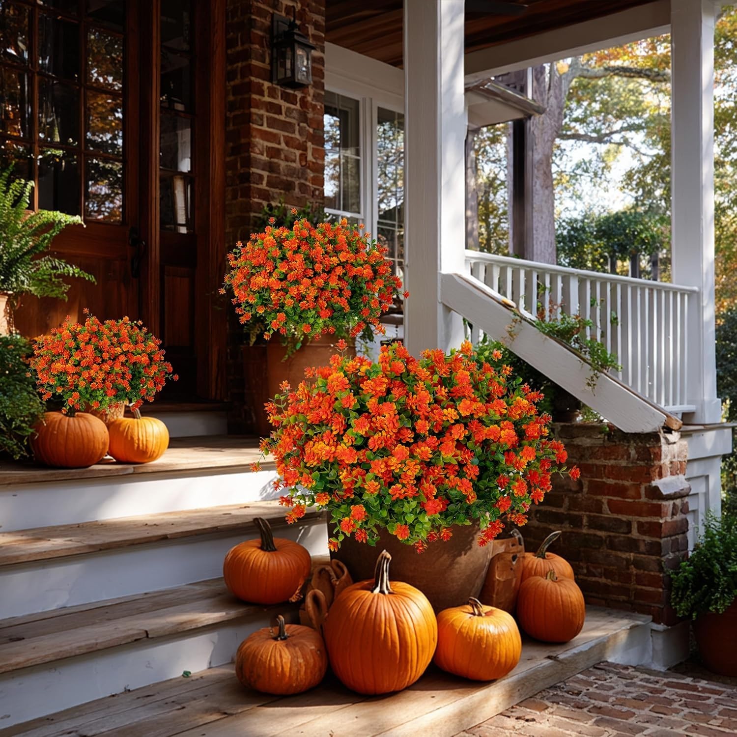 Lifelike Red-Orange Silk Fall Mums – Perfect for Outdoor Autumn Decor, 12 Count