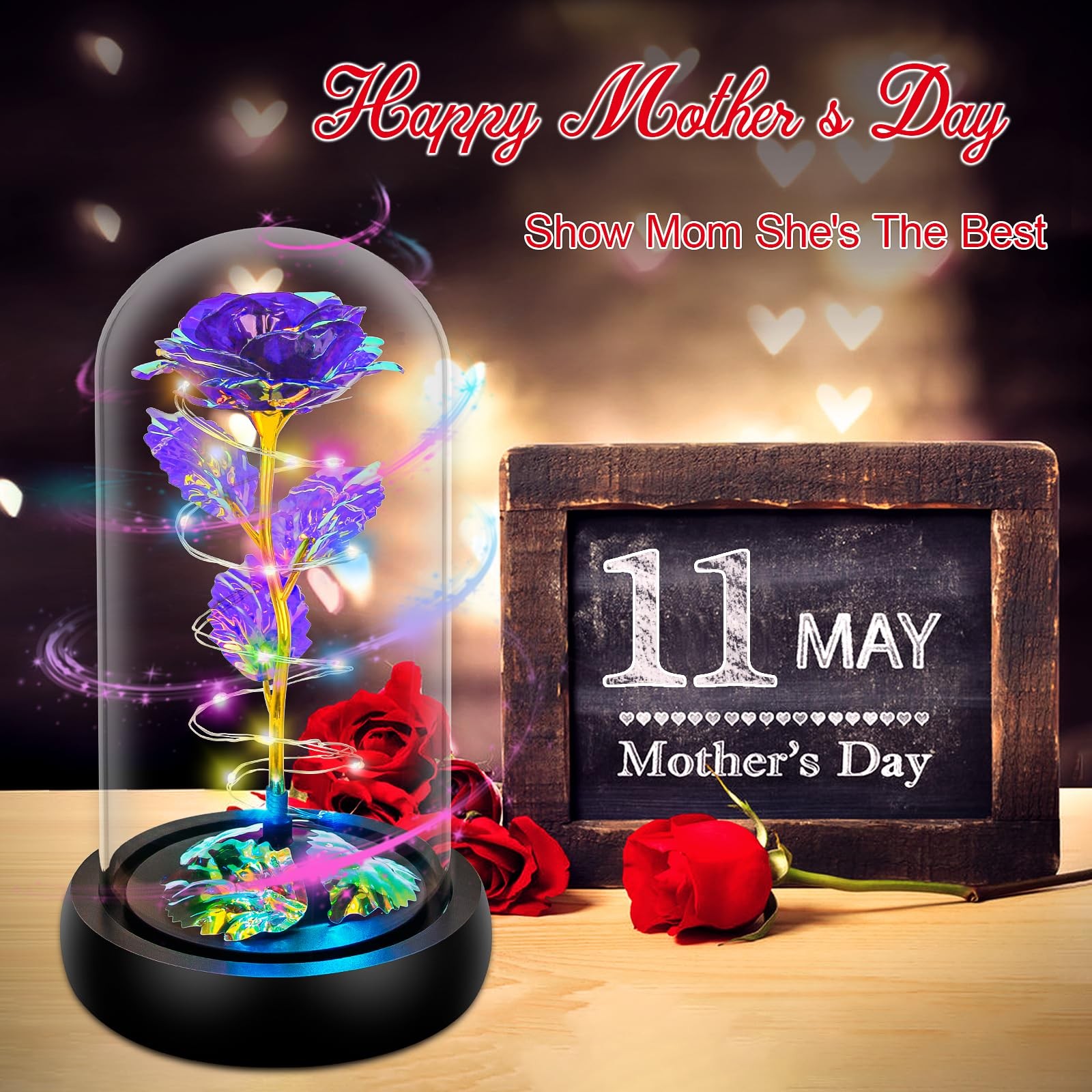 Rotating Colorful Purple Rose in Glass Dome Unique Valentines Day Gift for Her