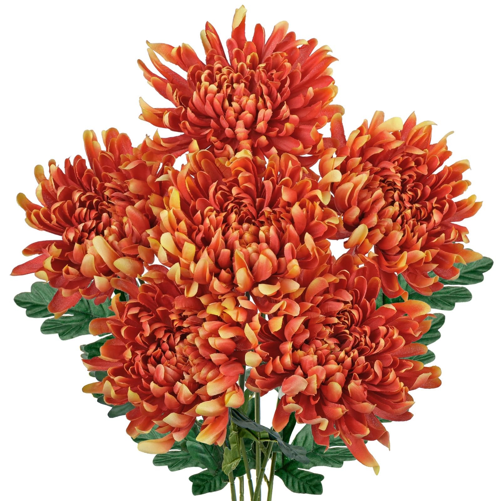 6 Pcs Deep Orange Artificial Mums for Outdoors Fall – 25.6’’ Long Stem Faux C…