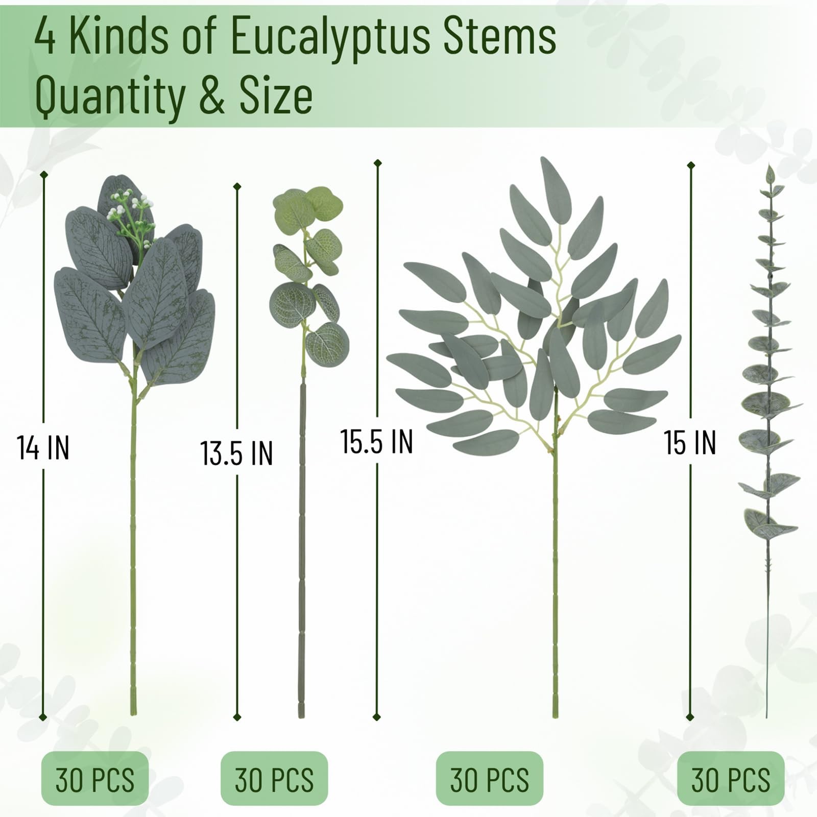 120 Pcs Artificial Eucalyptus Stems, 4 Kinds Mixed Faux Greenery Stems Fake S…