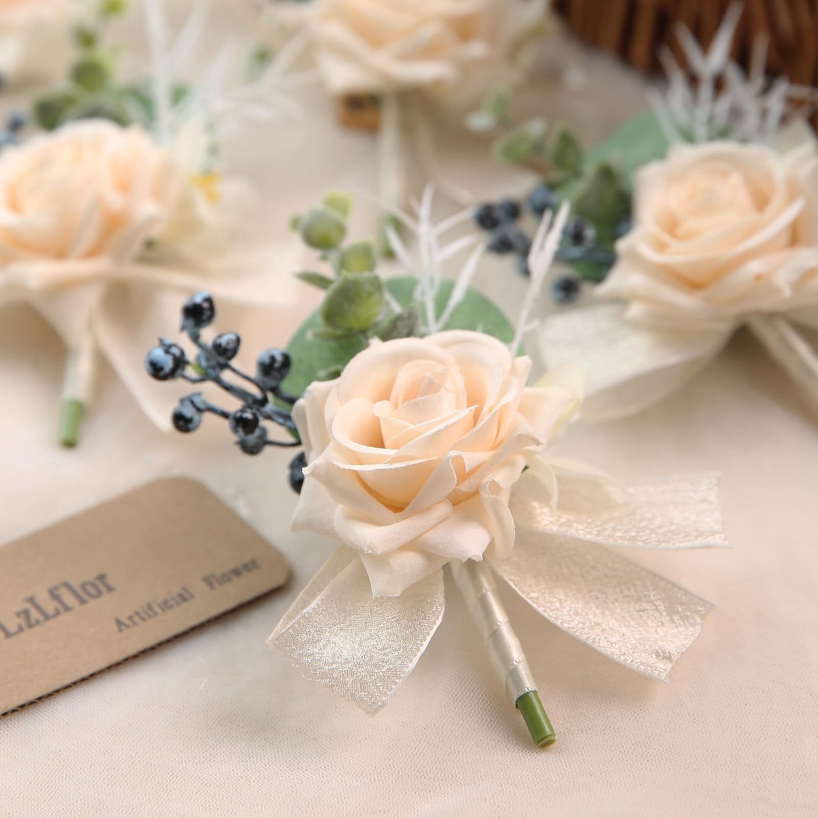 6Pcs Champagne Boutonnieres for Men Faux Rose at Formal Wedding