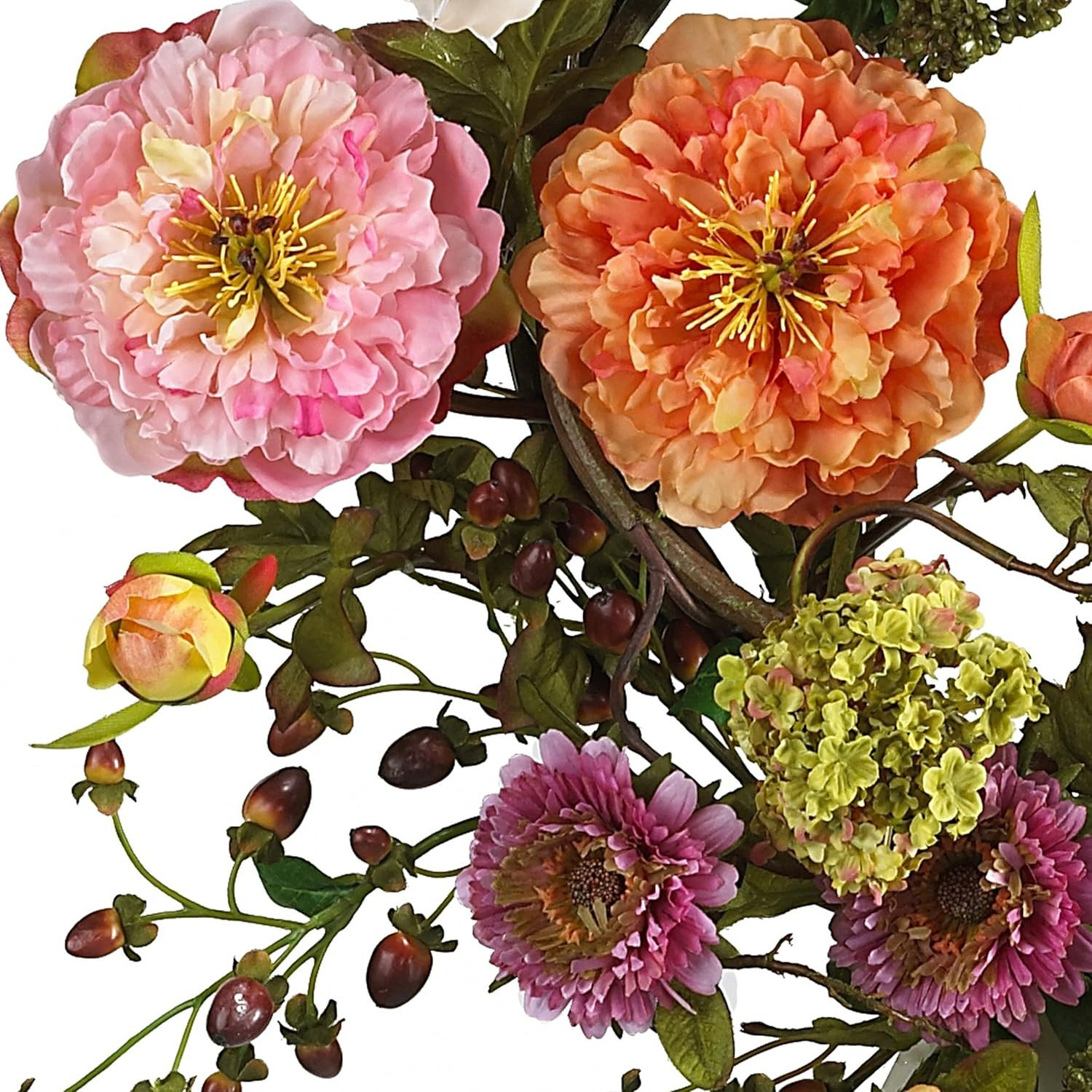 24In Artificial Peony Wreath Multicolor Faux Floral Spring Wreath for Front Door