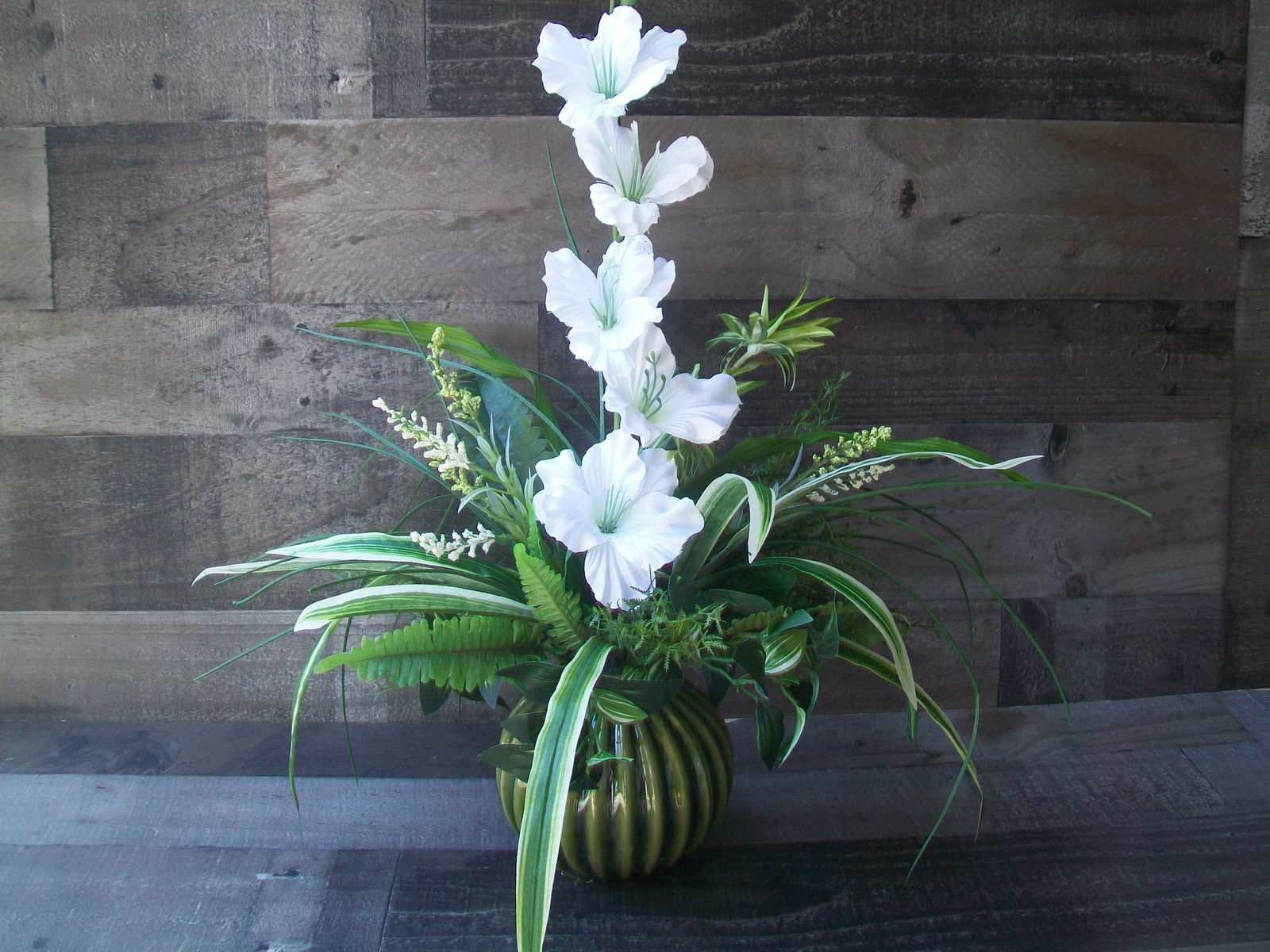 Green & White Spring All Occasion Floral Arrangement Centerpiece in Glass Vase