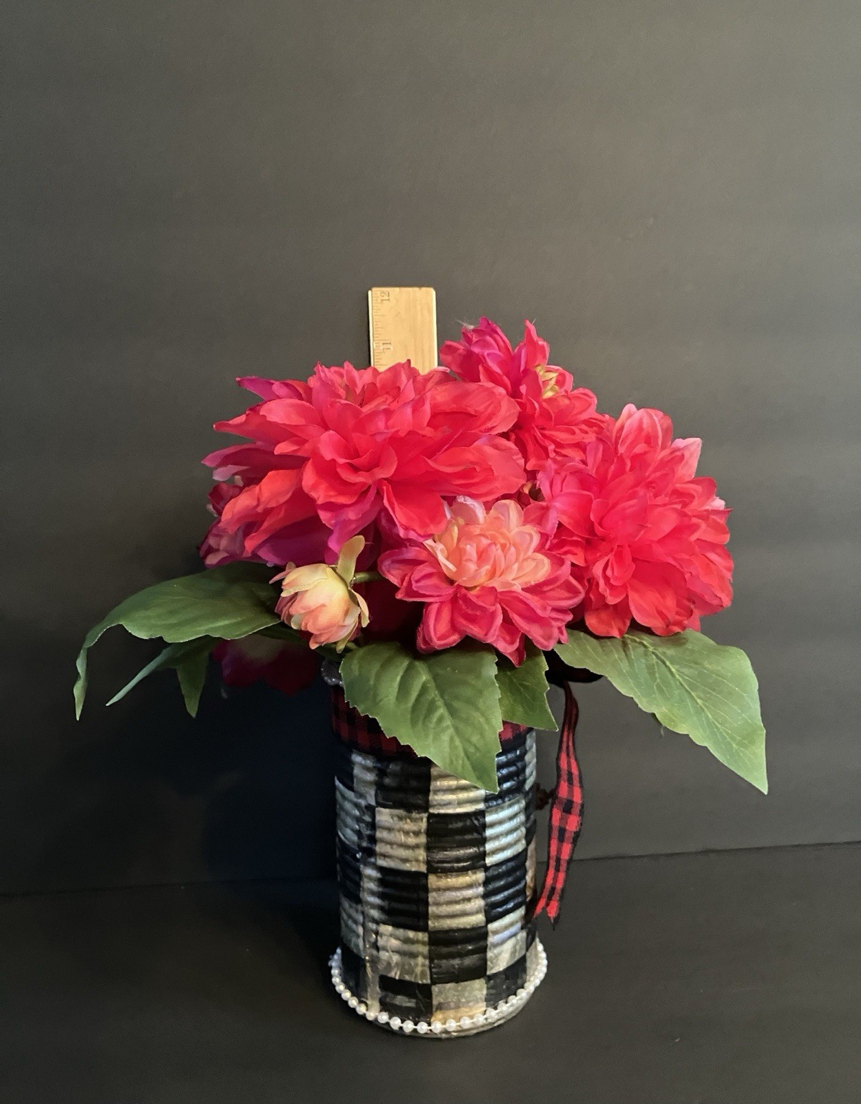 Spring Floral Arrangement In Recycled Can Mackenzie Childs Napkin Red Zinnias