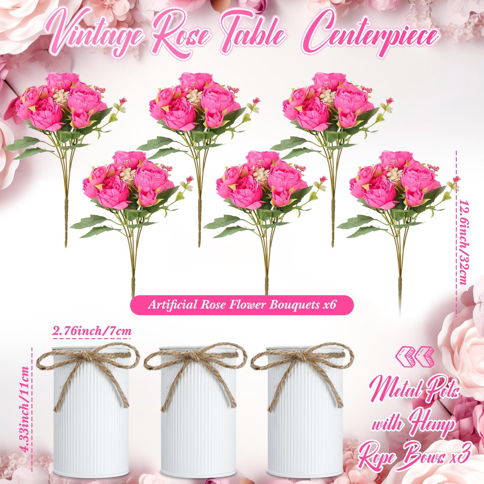 Artificial Peonies Flower Bouquet With Metal Pot Faux Floral Rose Red 3 Sets