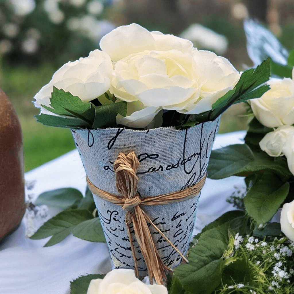 Peony Faux Floral Natural Linen Paris Themed Covered Pot 6 inch French Country
