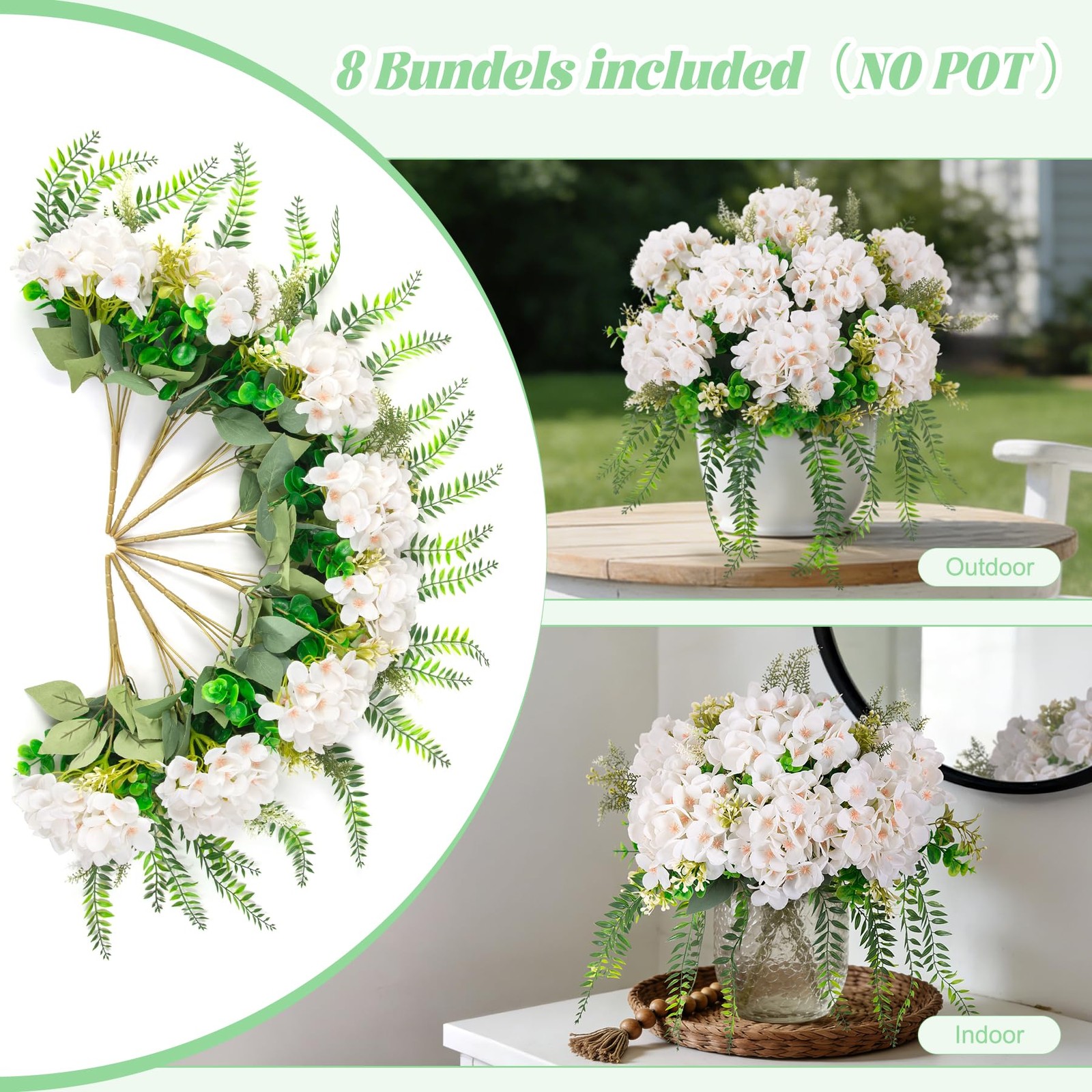 Artificial Hydrangea Flowers Silk White Fake Flower with Eucalyptus for Outdo…