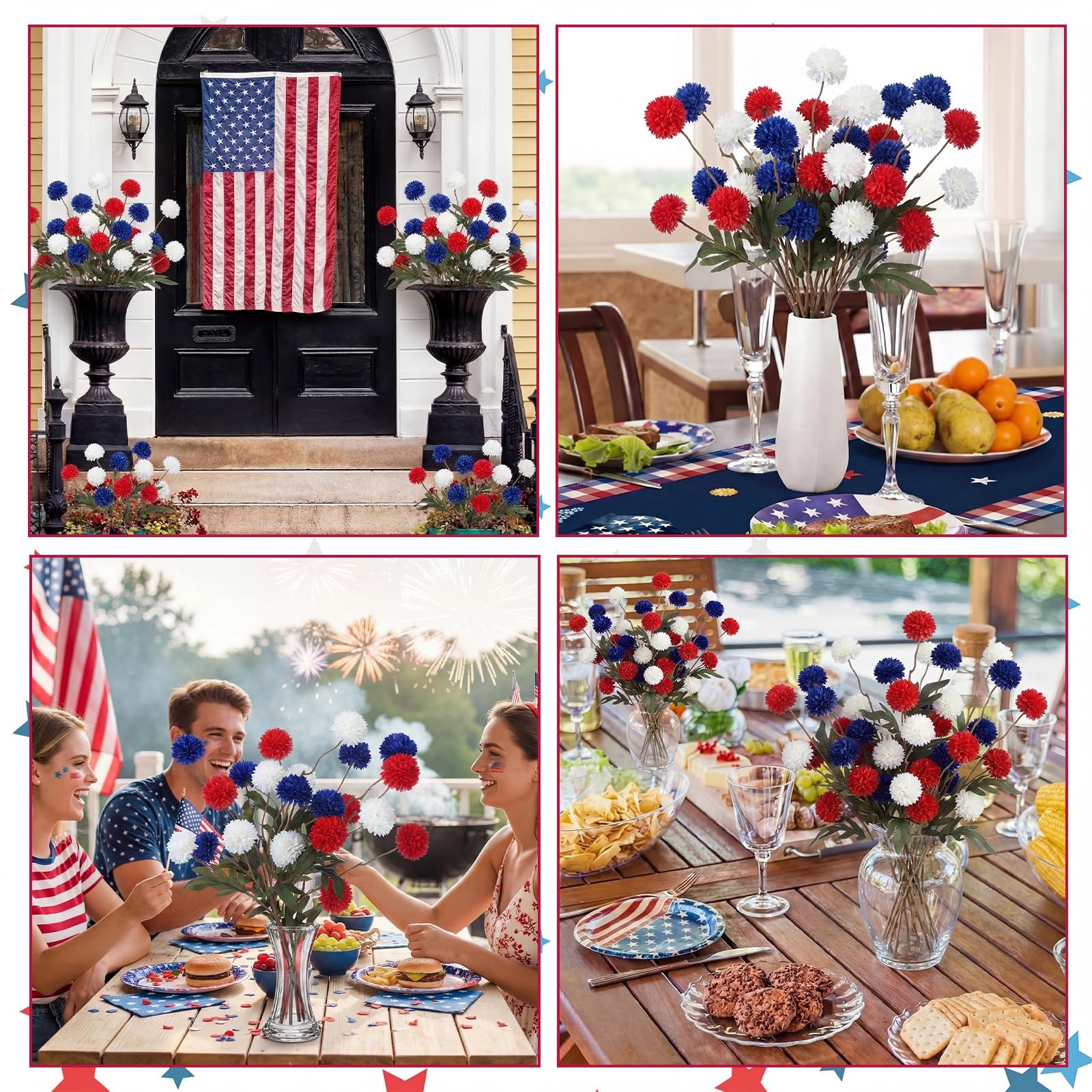 24 Bundles 4th of July Red Blue White Artificial Flowers for Outdoor Patrioti…