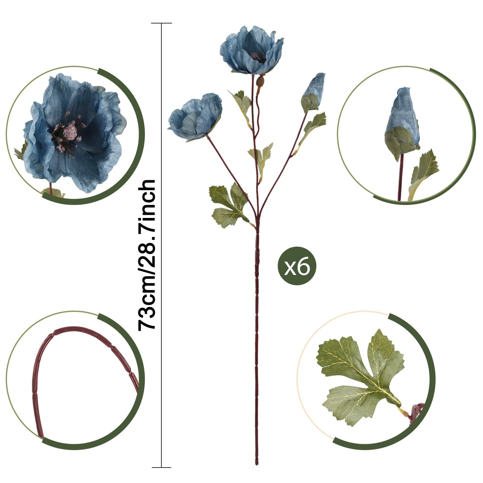 6Pcs Fake Poppy Artificial Flowers Blue Faux Silk Poppy Flowers Spring Flower…