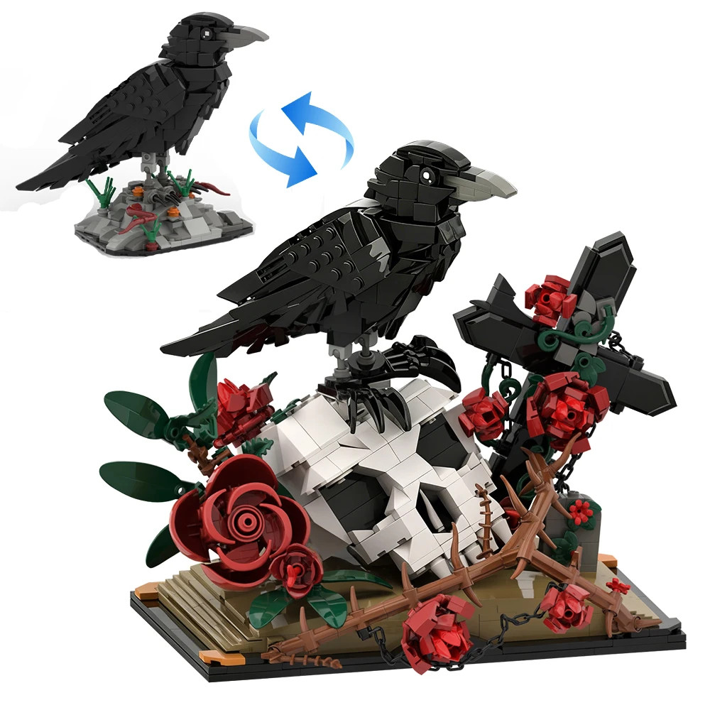 Raven Skull Roses Flower Building Blocks Set , Skull Planter Botanical Collectio