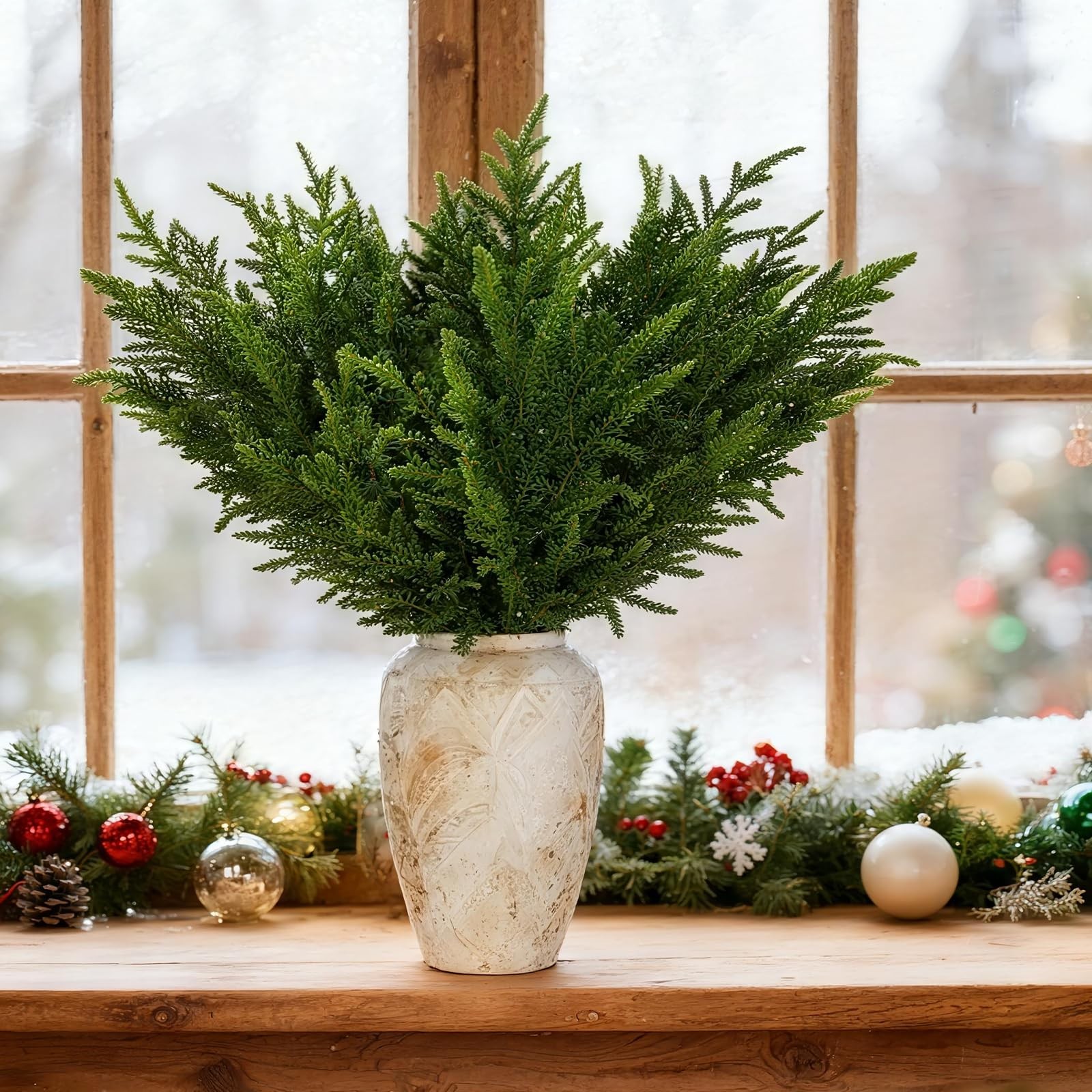 12Pcs Norfolk Pine Stems, 30″ Artificial Christmas Pine Branches Faux Gradien…