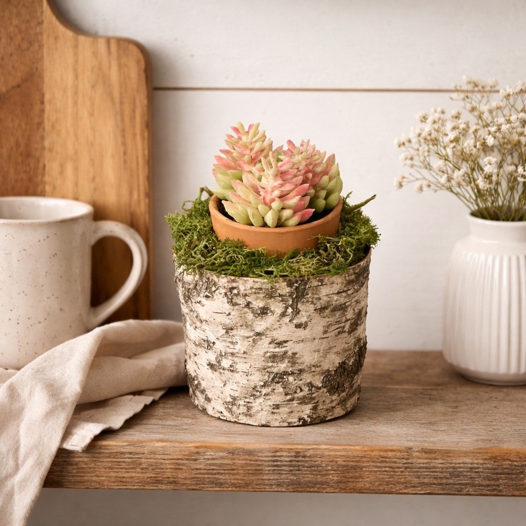 Rustic Artificial Succulent in Birch Log Base with Moss and Terracotta Pot