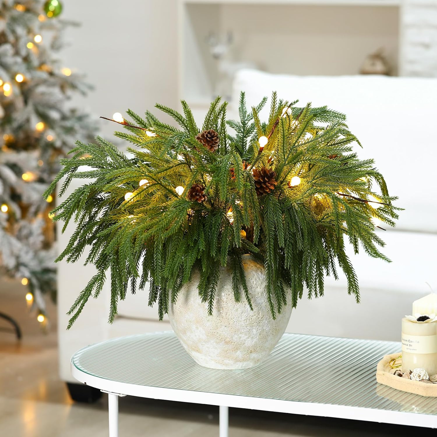 20 Pcs Christmas Norfolk Pine Branches with Lights Set Includes 12 19.7″ Artific
