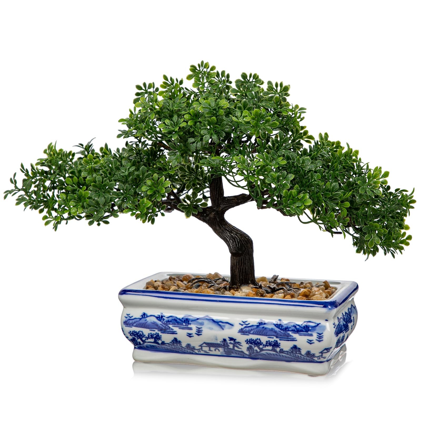 Artificial Bonsai Tree Blue White Porcelain Pot Fake Pine Oriental Zen