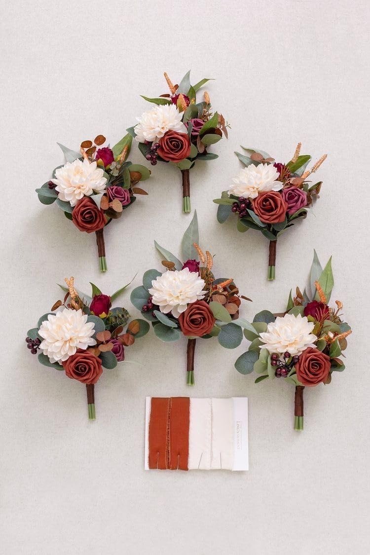 12 PCS Artificial Silk Roses for Home Wedding Decor, Brown and Orange Flowers