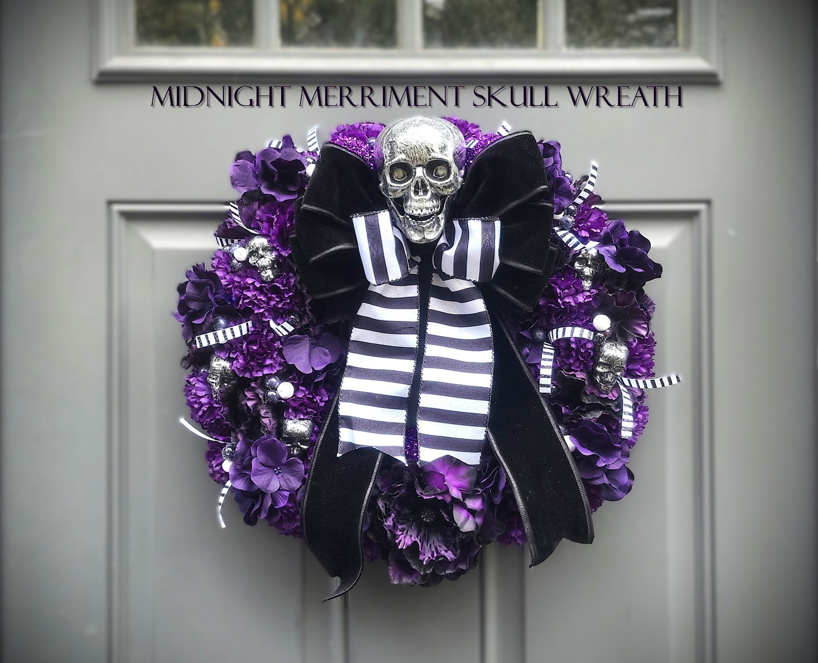 GOTHIC SKULL WREATH Black White Striped Bow – Front-Door Decor – One of a kind