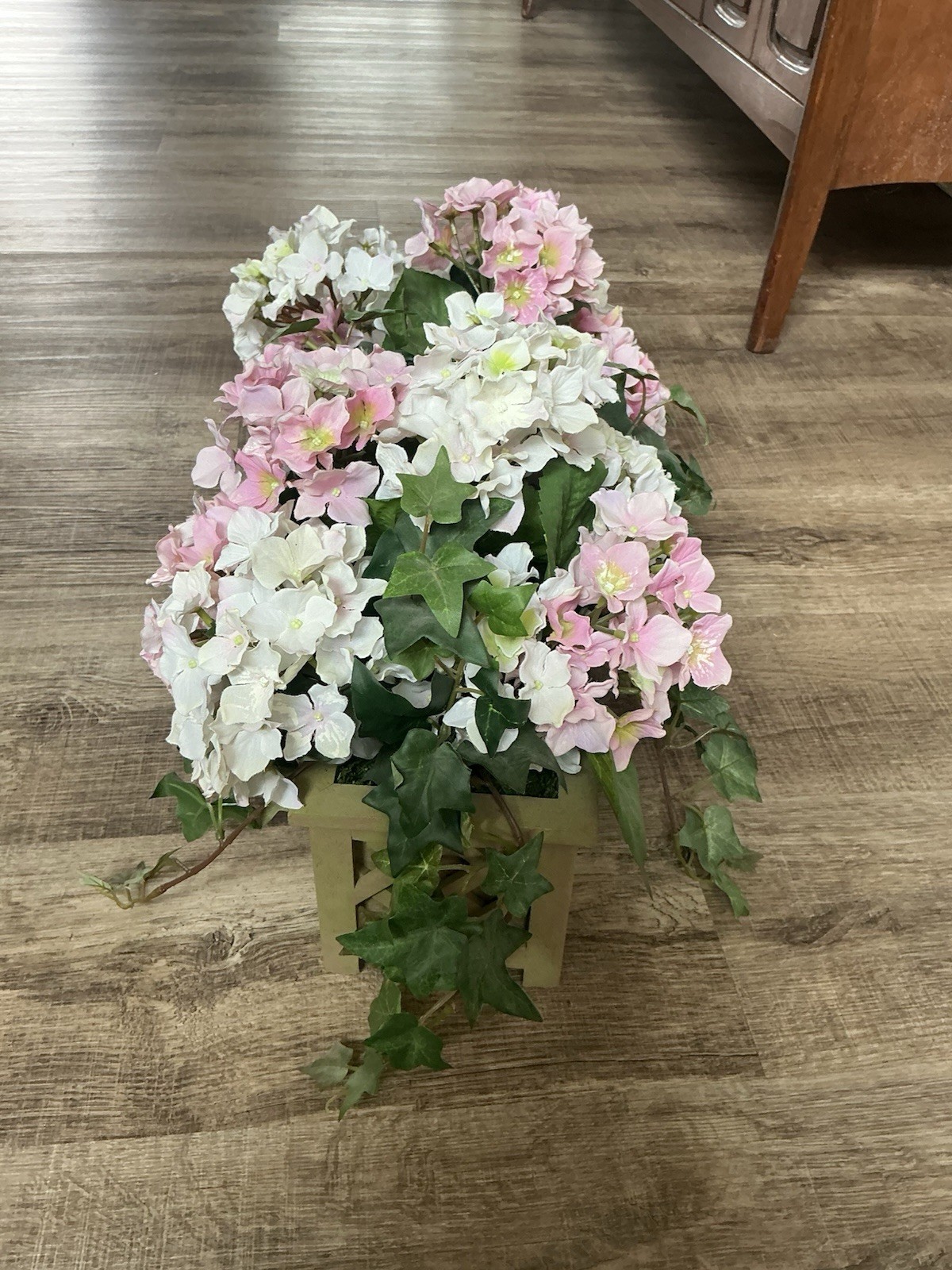 Hydrangea Faux Flower Arrangement Pink White In Planter Box 14x5x6