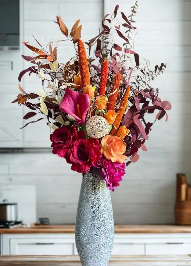 Flower Arrangement- Burgundy Orange Mauve Roses Tulips Hydrangea Centerpiece