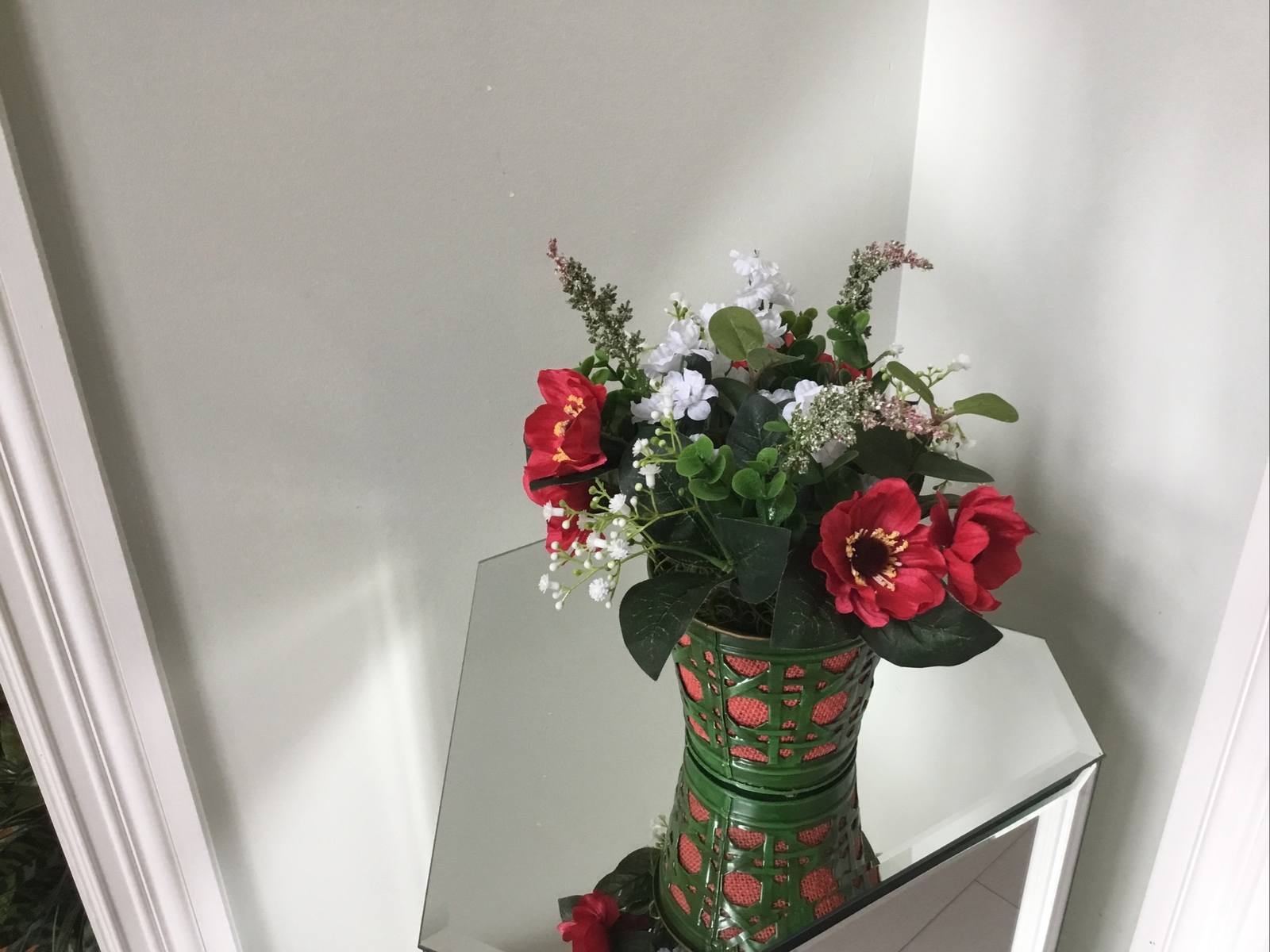Artificial Floral ARRANGEMENT FlowerRed Decor white Vase 10inches tall