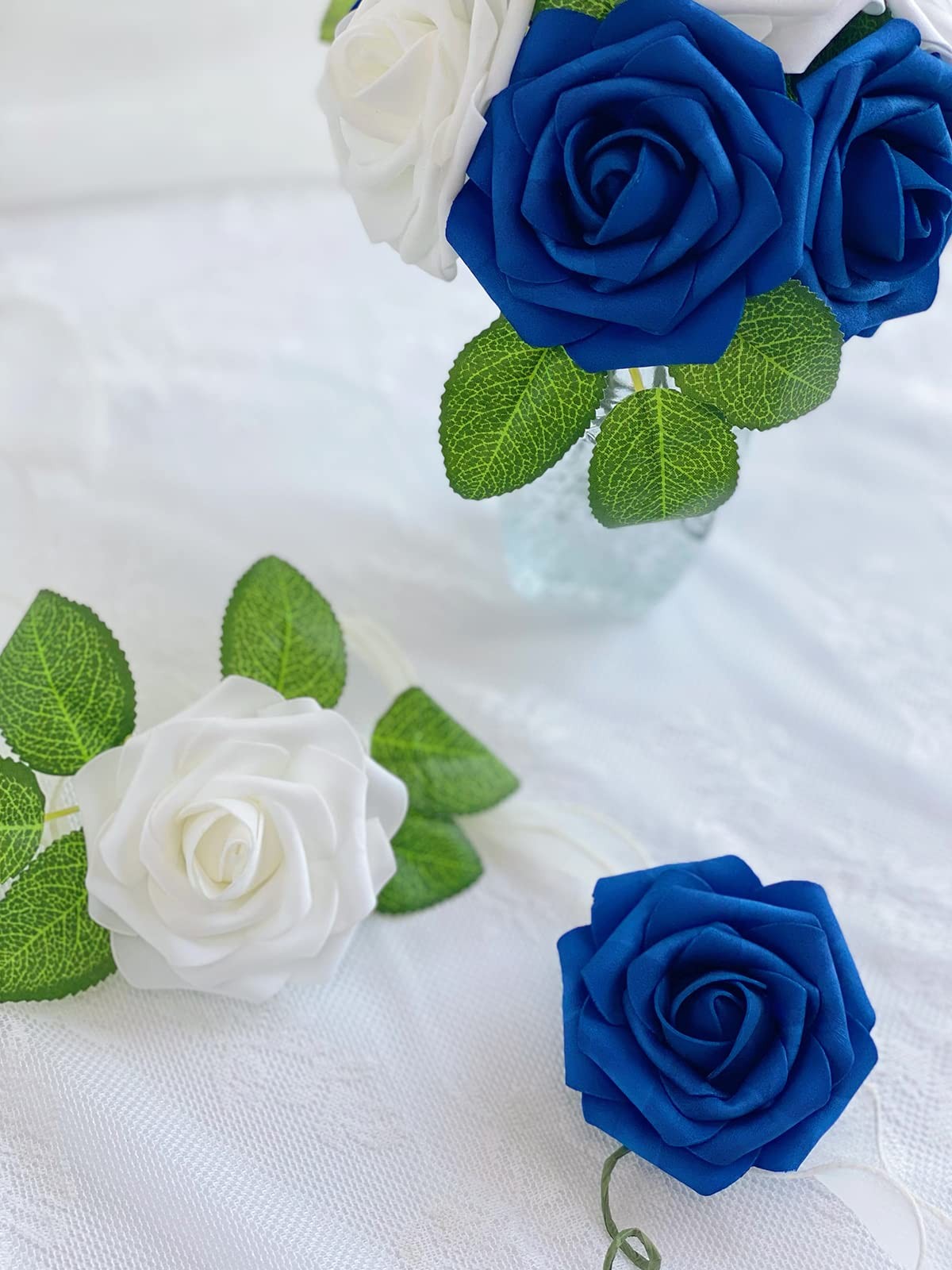 25 PCS Navy Blue White Fake Rose Artificial Flowers For DIY Wedding Decor