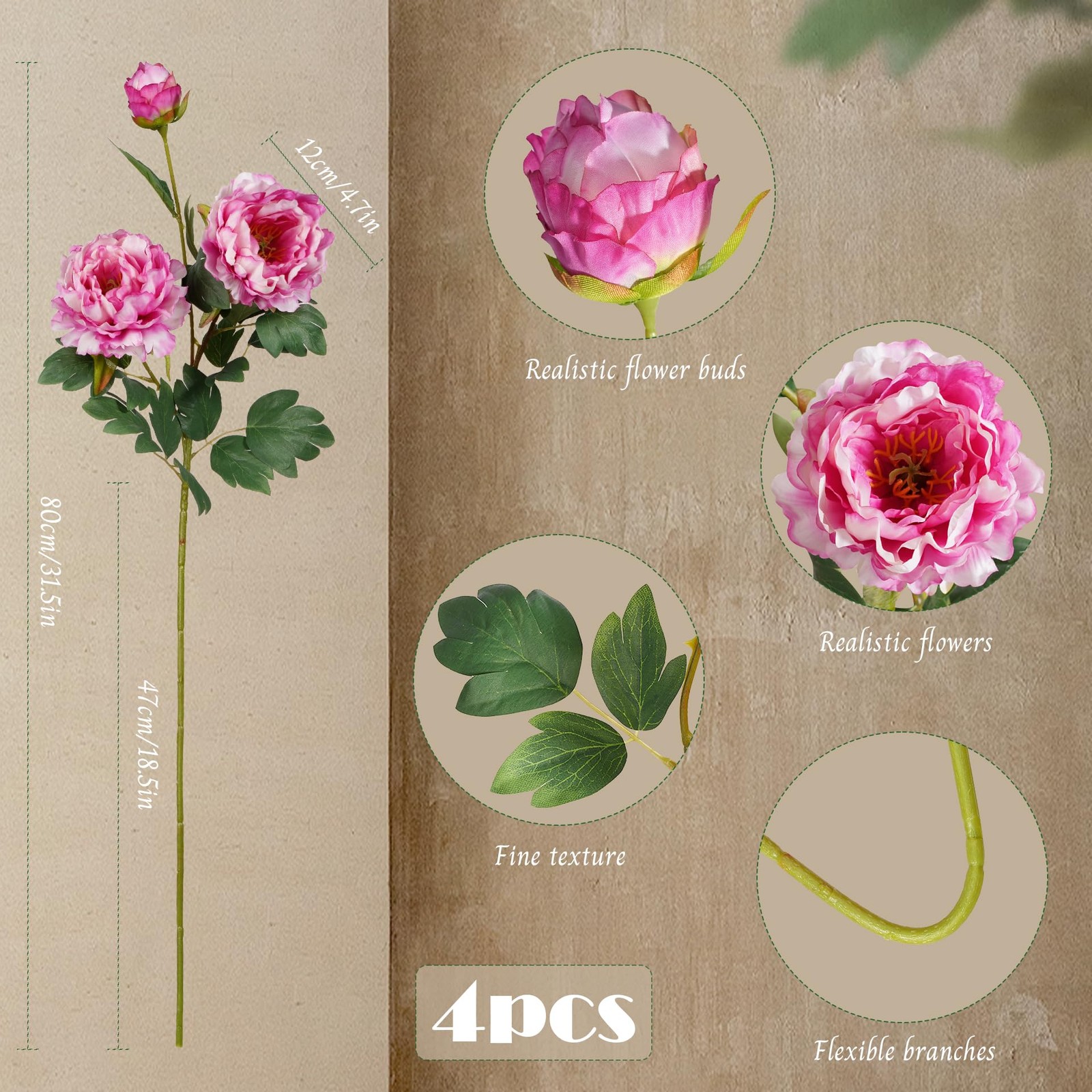 4PCS Peonies Artificial Flowers Silk Peonies Fake Flowers 31.5”Long Stem Art…