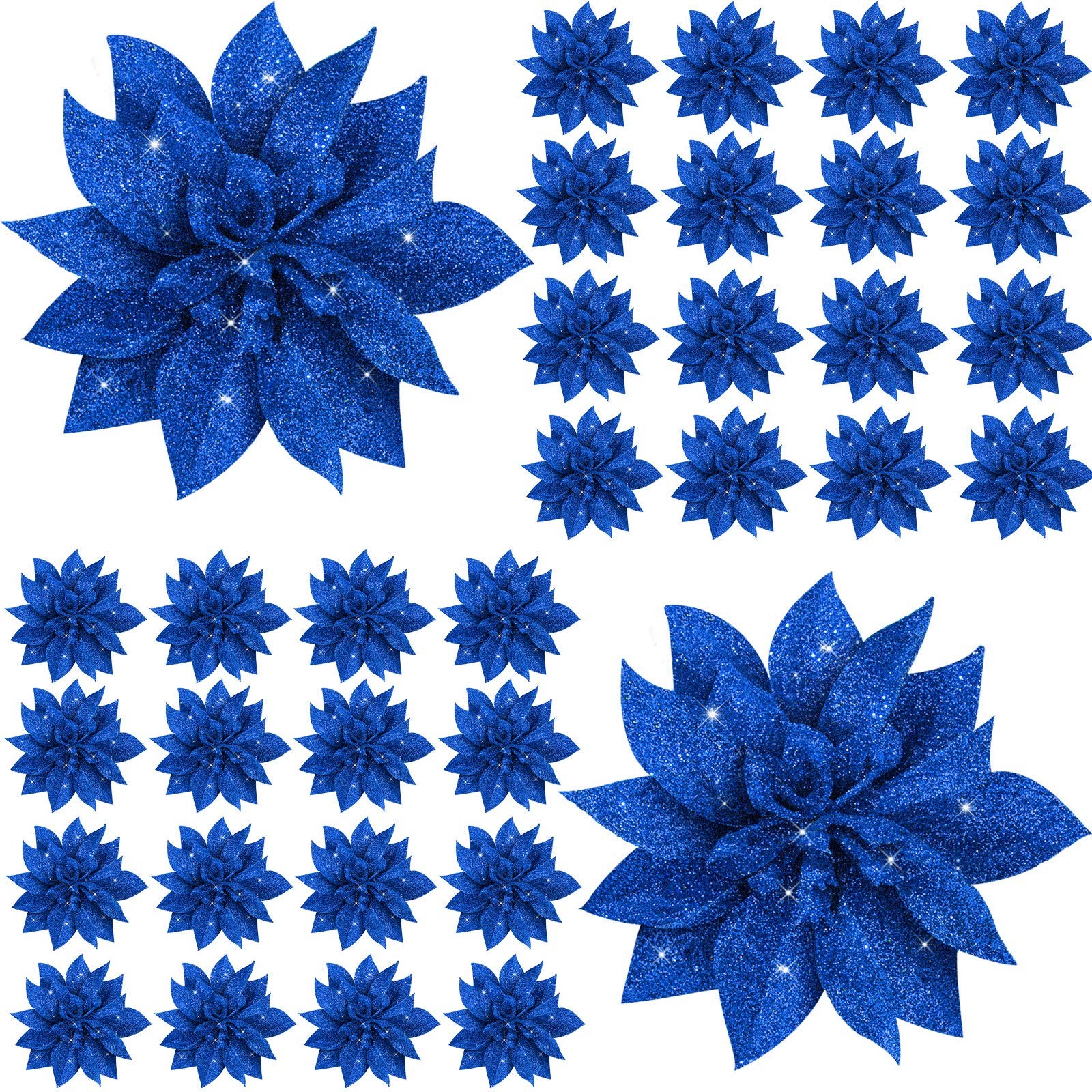 36 PCS Christmas Glitter Poinsettia Flowers Decorative Wreath 3.94 Inches Blue