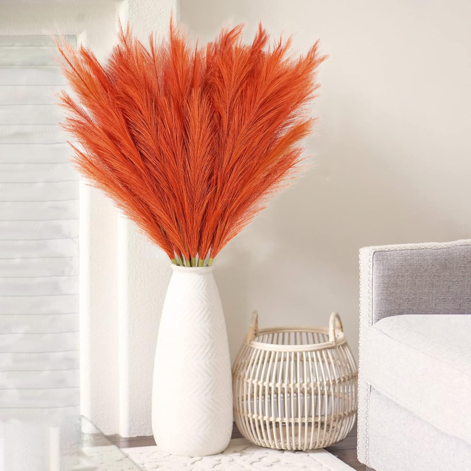 8pcs Orange Pampas Grass Tall, 35″ Fluffy Faux Colored Pompas Grass Artificia…
