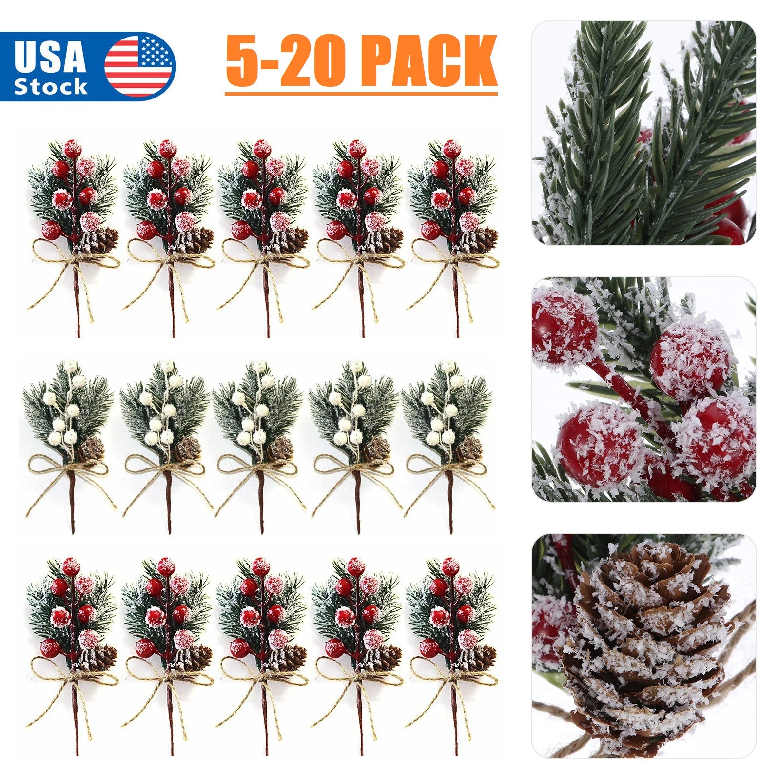 20PCS Christmas Red Berries Stems Floral Pinecones Artificial Holly Cones Picks