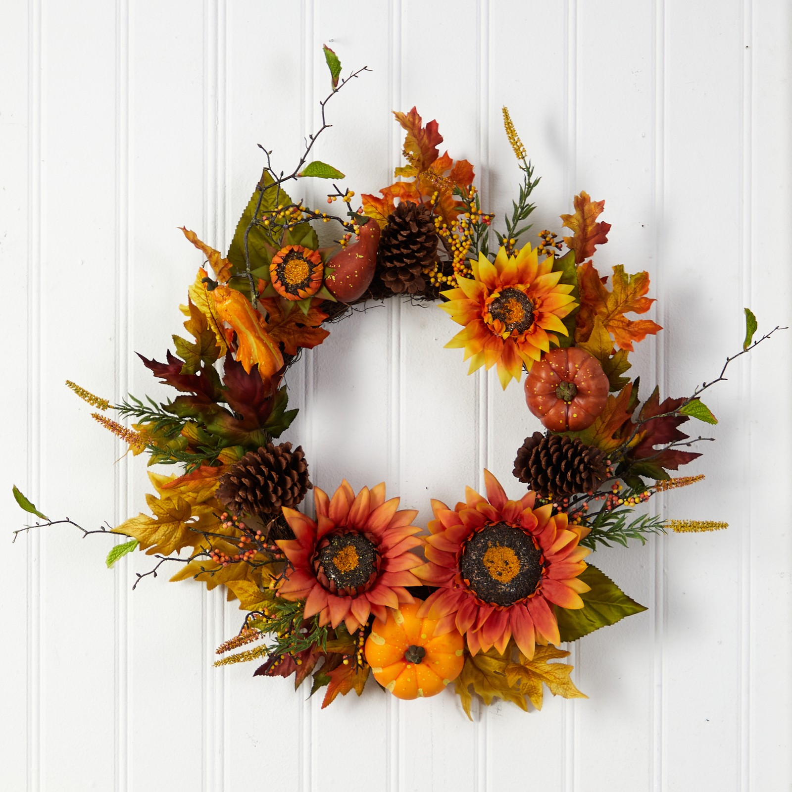 24″ Fall Sunflower/Pumpkin/Gourds/Pinecone/Berries Artificial Wreath in Orange