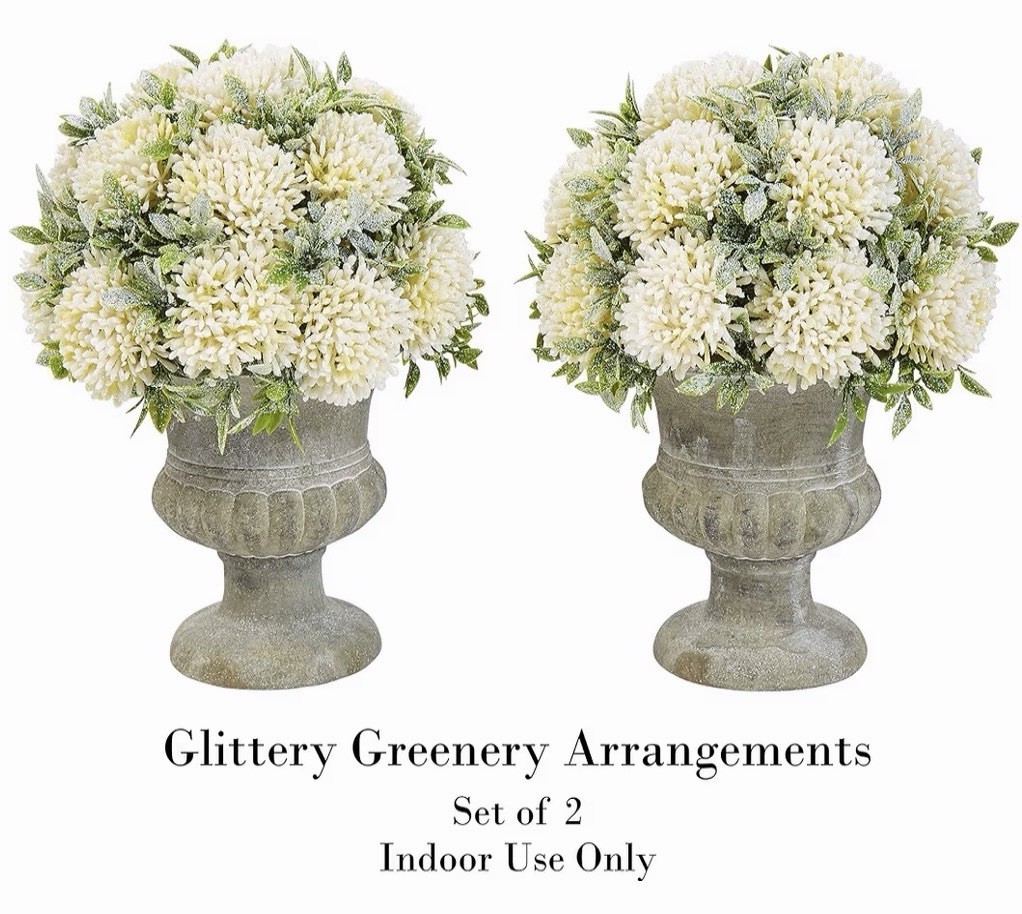 Pure Garden Artificial Floral Arrangement 9.5″ Faux Plant w/ Urn White Set of 2