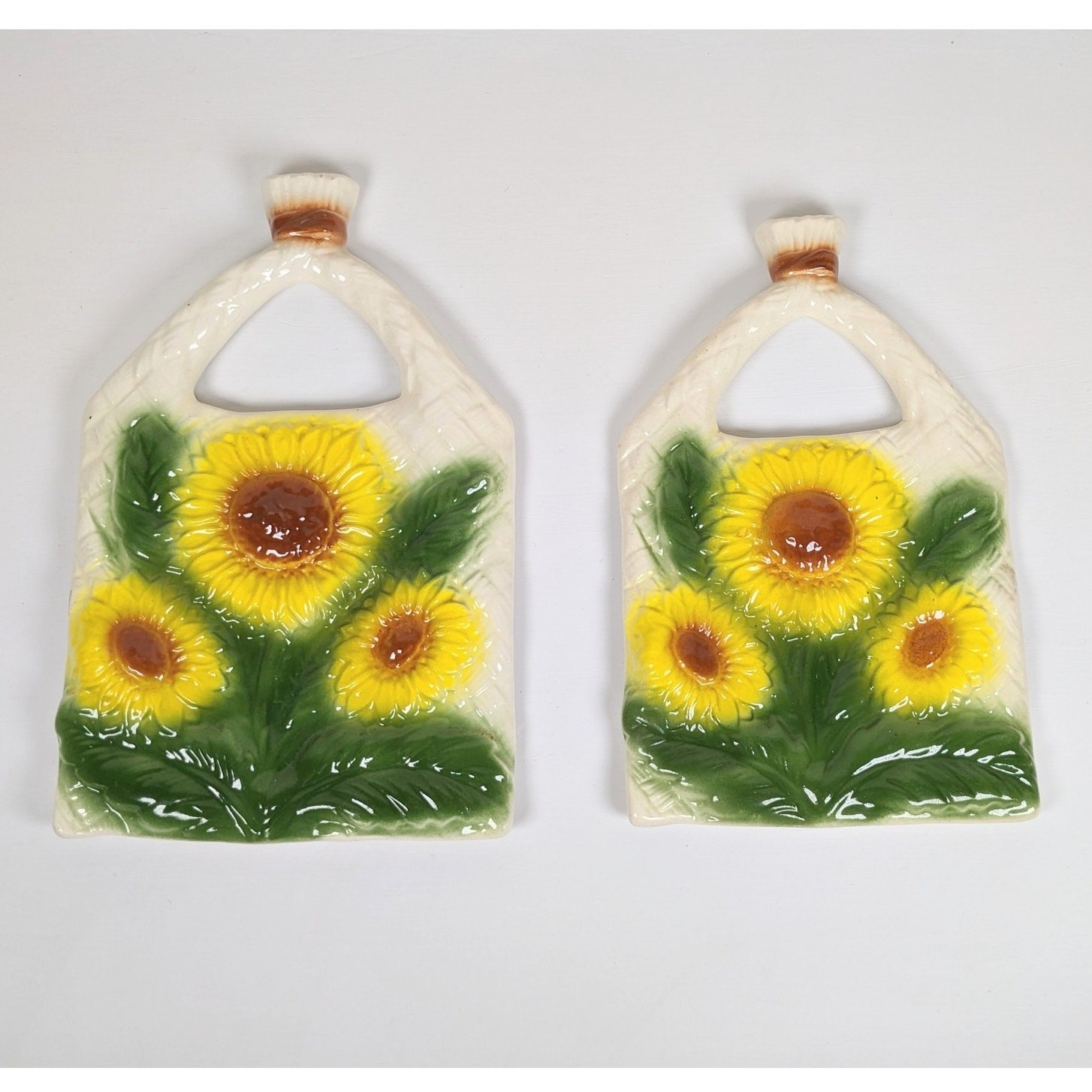 Vintage Ceramic Sunflower Wall Hangs Yellow and Green Hanging Wall Art Pair